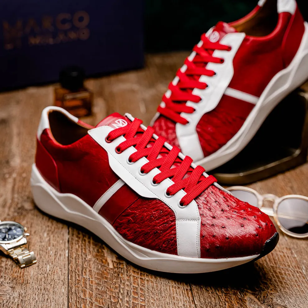 Marco Di Milano Lyon II Men's Shoes Red & White Calf-Skin / Ostrich Leg Casual Sneakers (MDM1069)