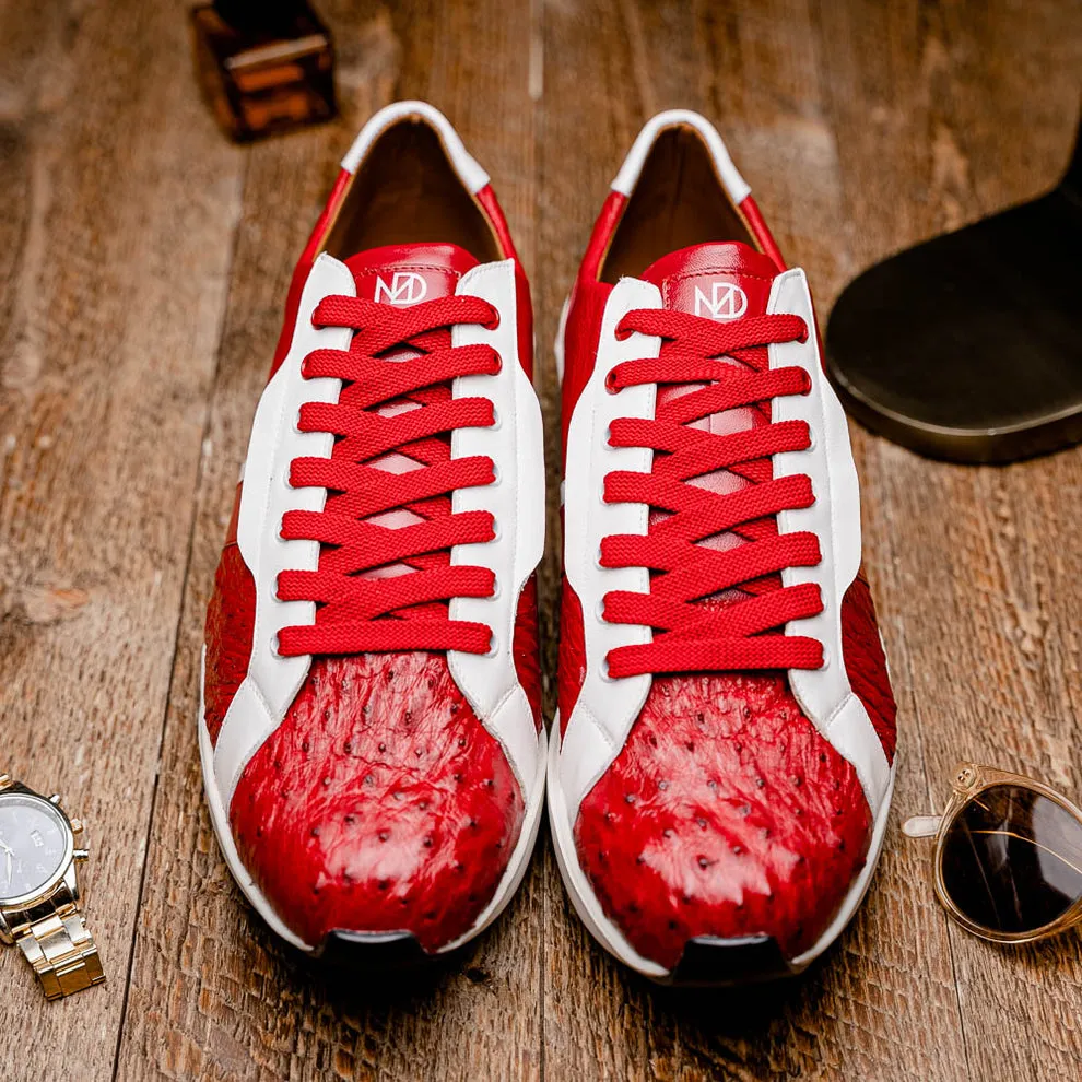 Marco Di Milano Lyon II Men's Shoes Red & White Calf-Skin / Ostrich Leg Casual Sneakers (MDM1069)