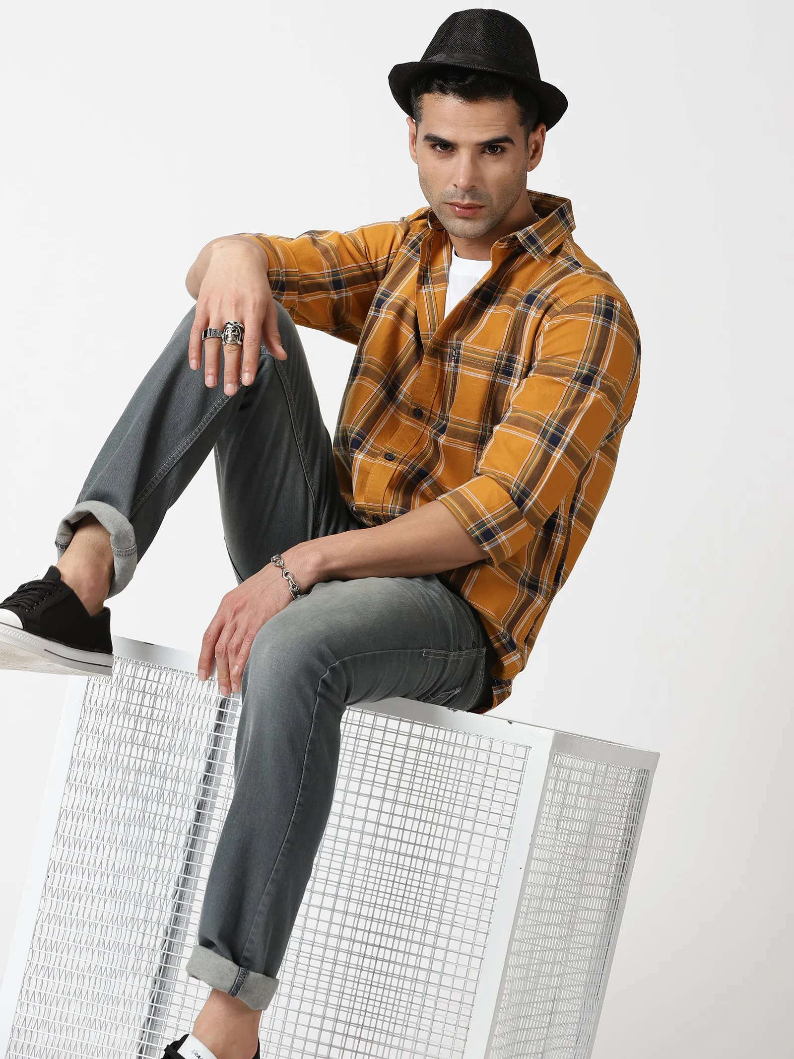 MEN'S KHAKI CHECKS SLIM FIT SHIRT