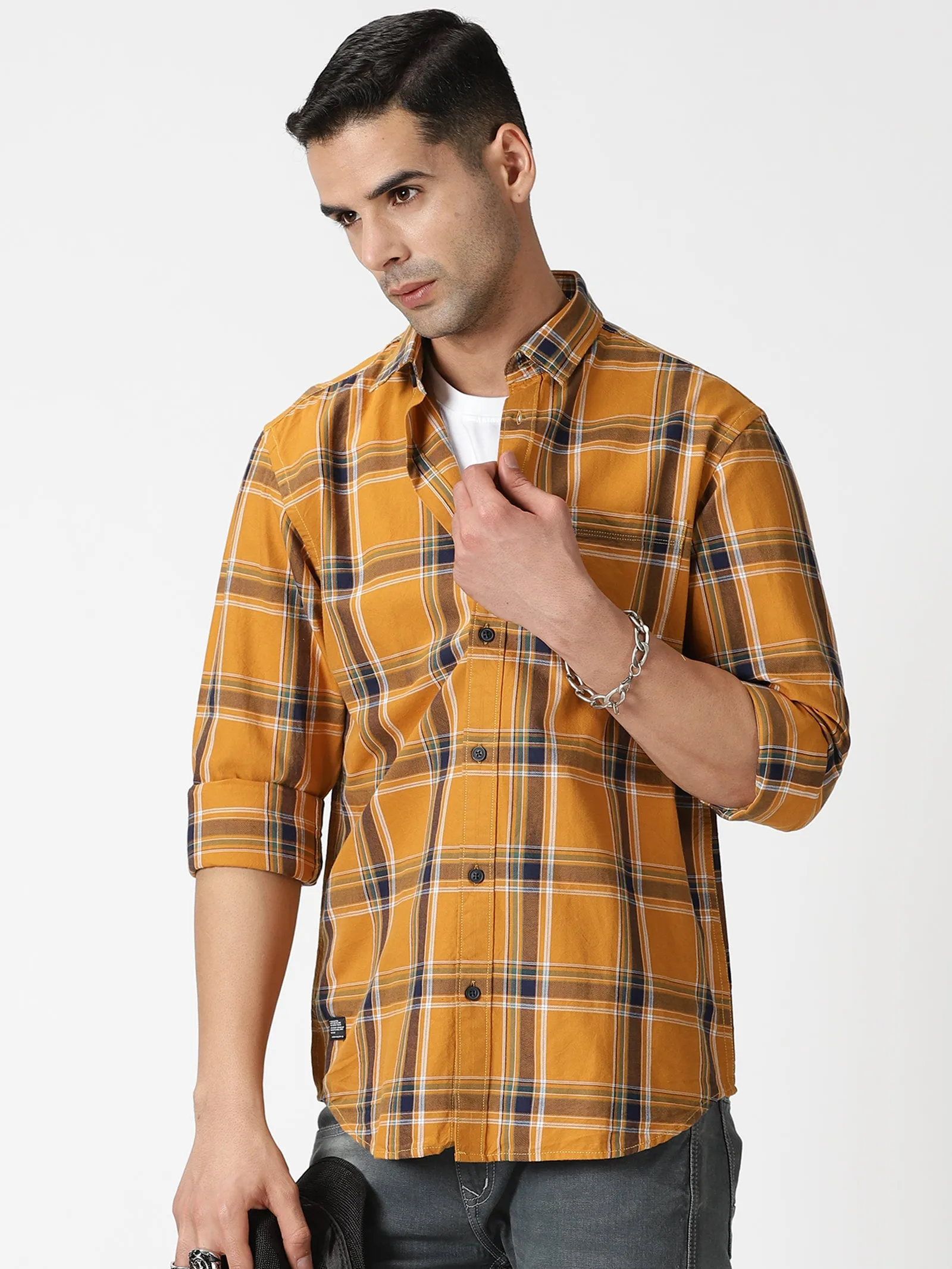 MEN'S KHAKI CHECKS SLIM FIT SHIRT