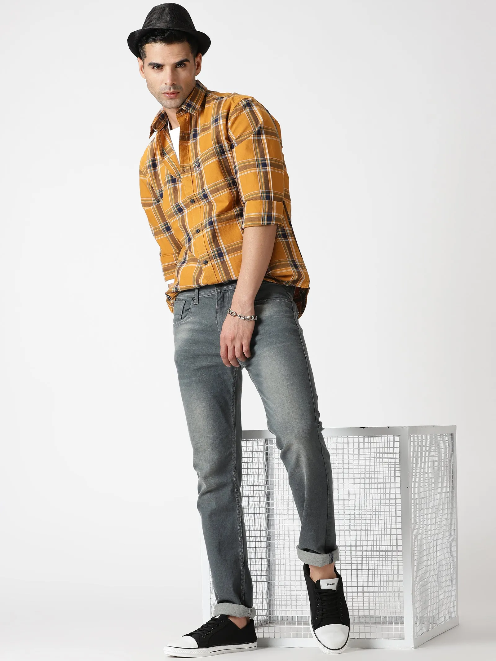 MEN'S KHAKI CHECKS SLIM FIT SHIRT