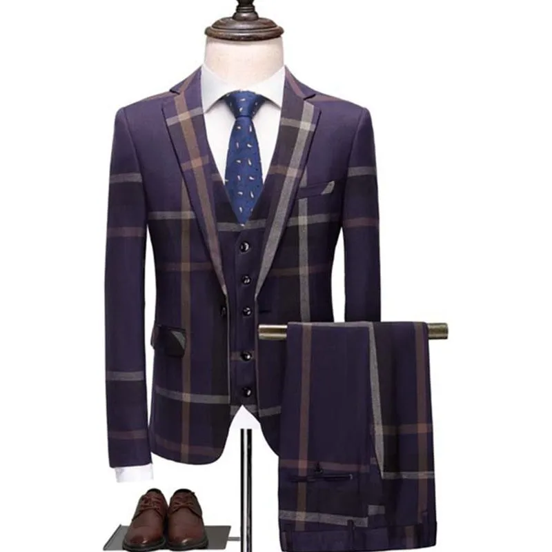 Men's Plaid Blazer Pants Vest 3 Pieces Business Suit
