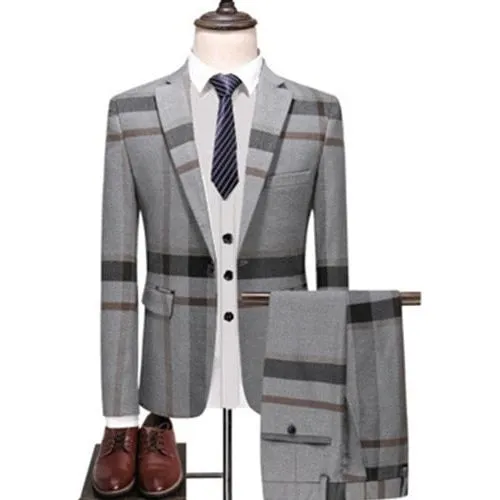 Men's Plaid Blazer Pants Vest 3 Pieces Business Suit