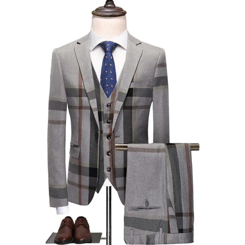 Men's Plaid Blazer Pants Vest 3 Pieces Business Suit