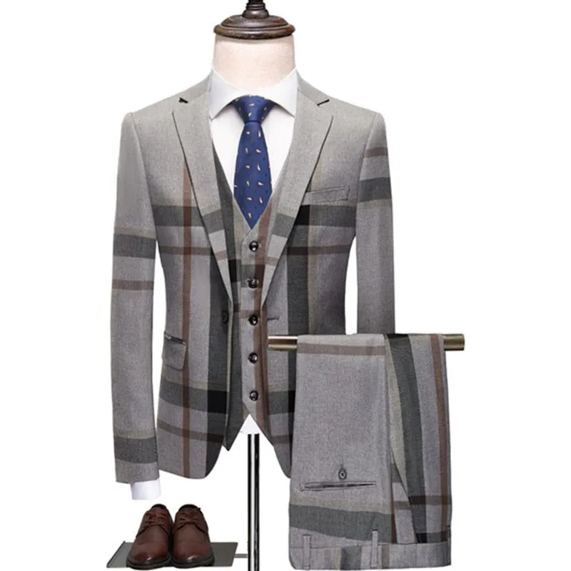 Men's Plaid Blazer Pants Vest 3 Pieces Business Suit