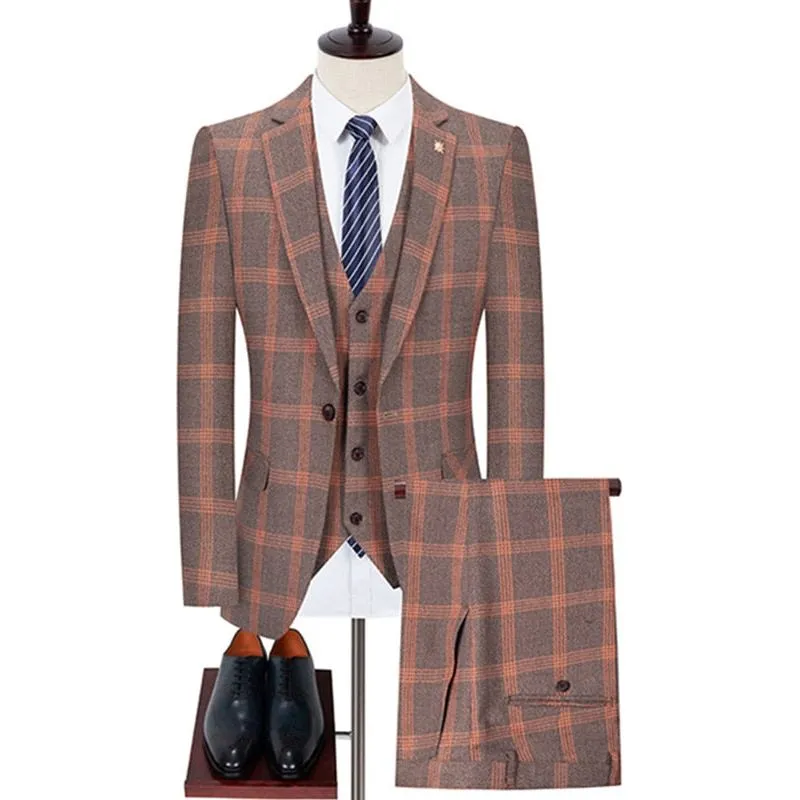 Men's Plaid Blazer Pants Vest 3 Pieces Business Suit
