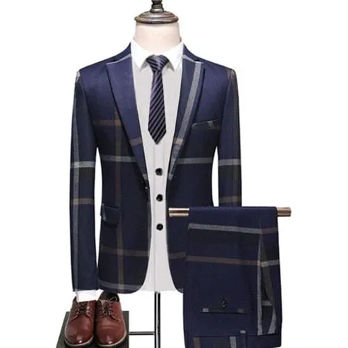 Men's Plaid Blazer Pants Vest 3 Pieces Business Suit