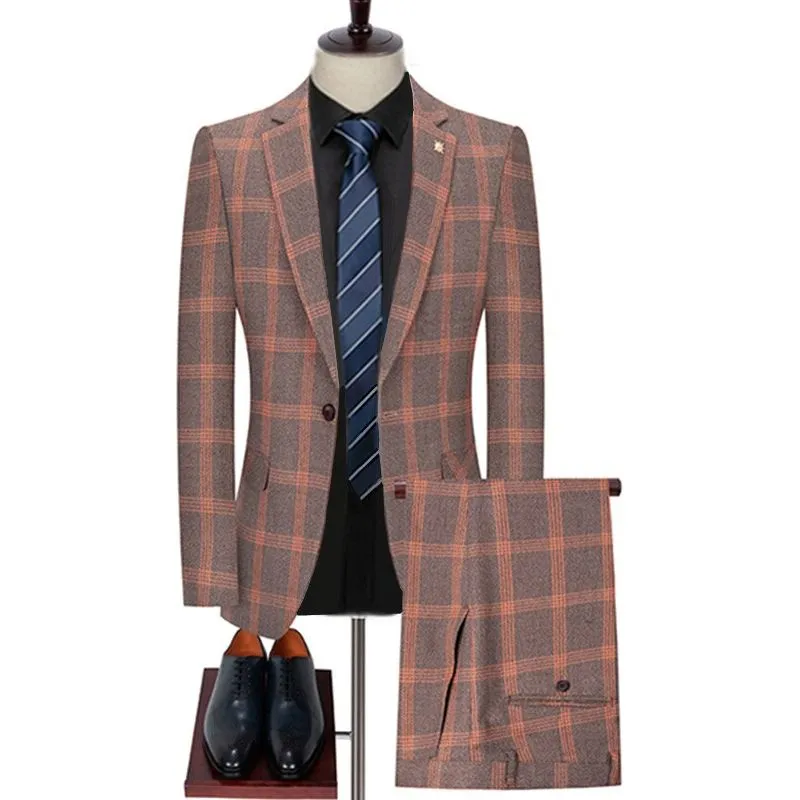 Men's Plaid Blazer Pants Vest 3 Pieces Business Suit