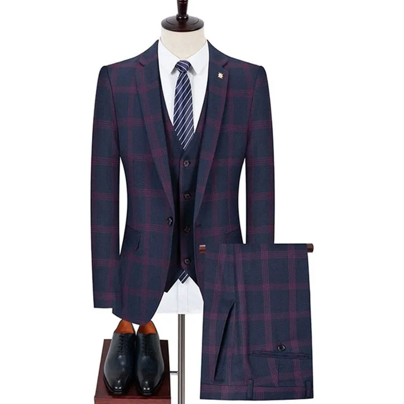 Men's Plaid Blazer Pants Vest 3 Pieces Business Suit