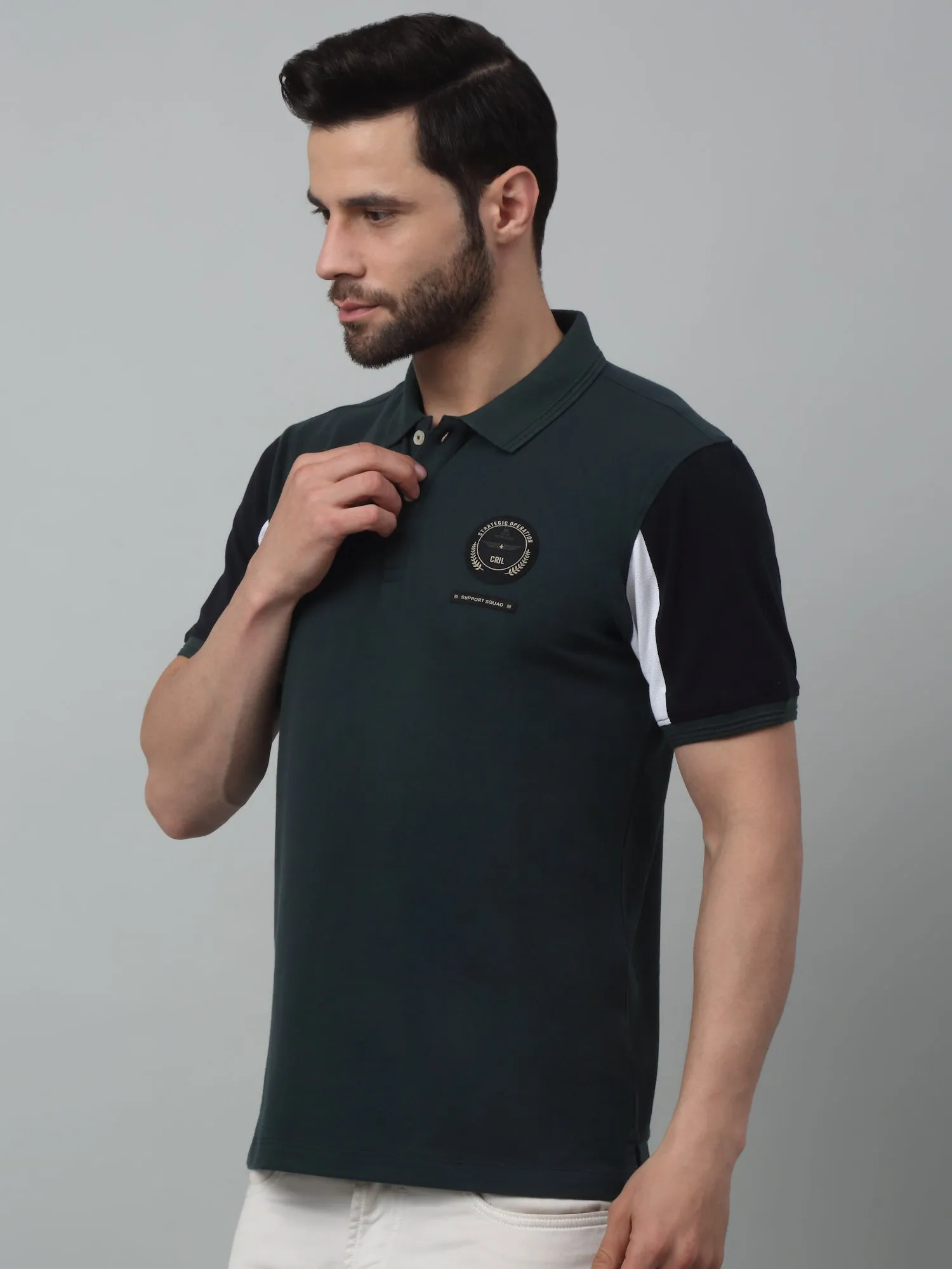 Men's Sea Green Polo neck Half Sleeve T-Shirt with color block sleeve