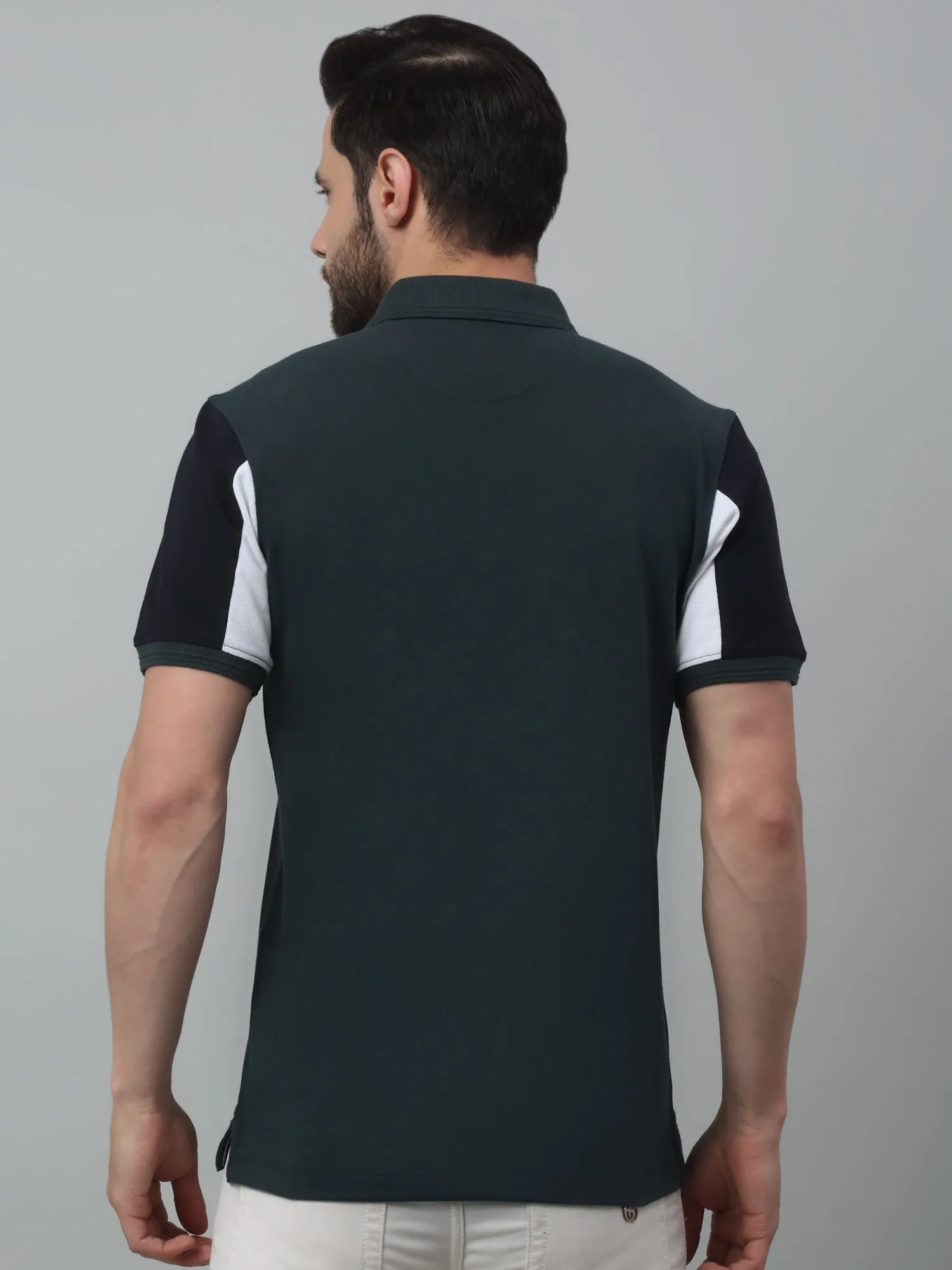 Men's Sea Green Polo neck Half Sleeve T-Shirt with color block sleeve