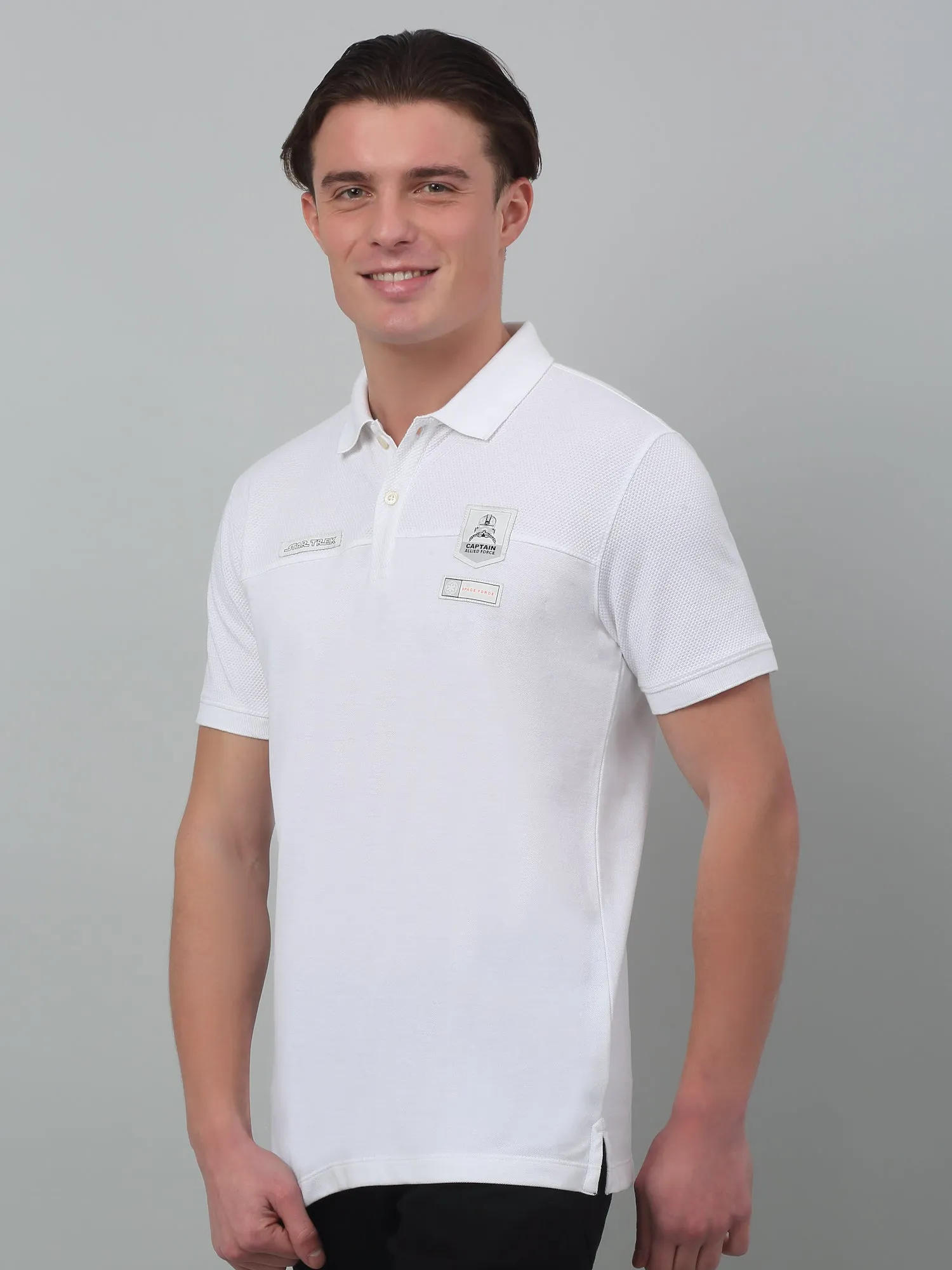 Men's White  Polo neck Half Sleeve T-Shirt with cut n sew