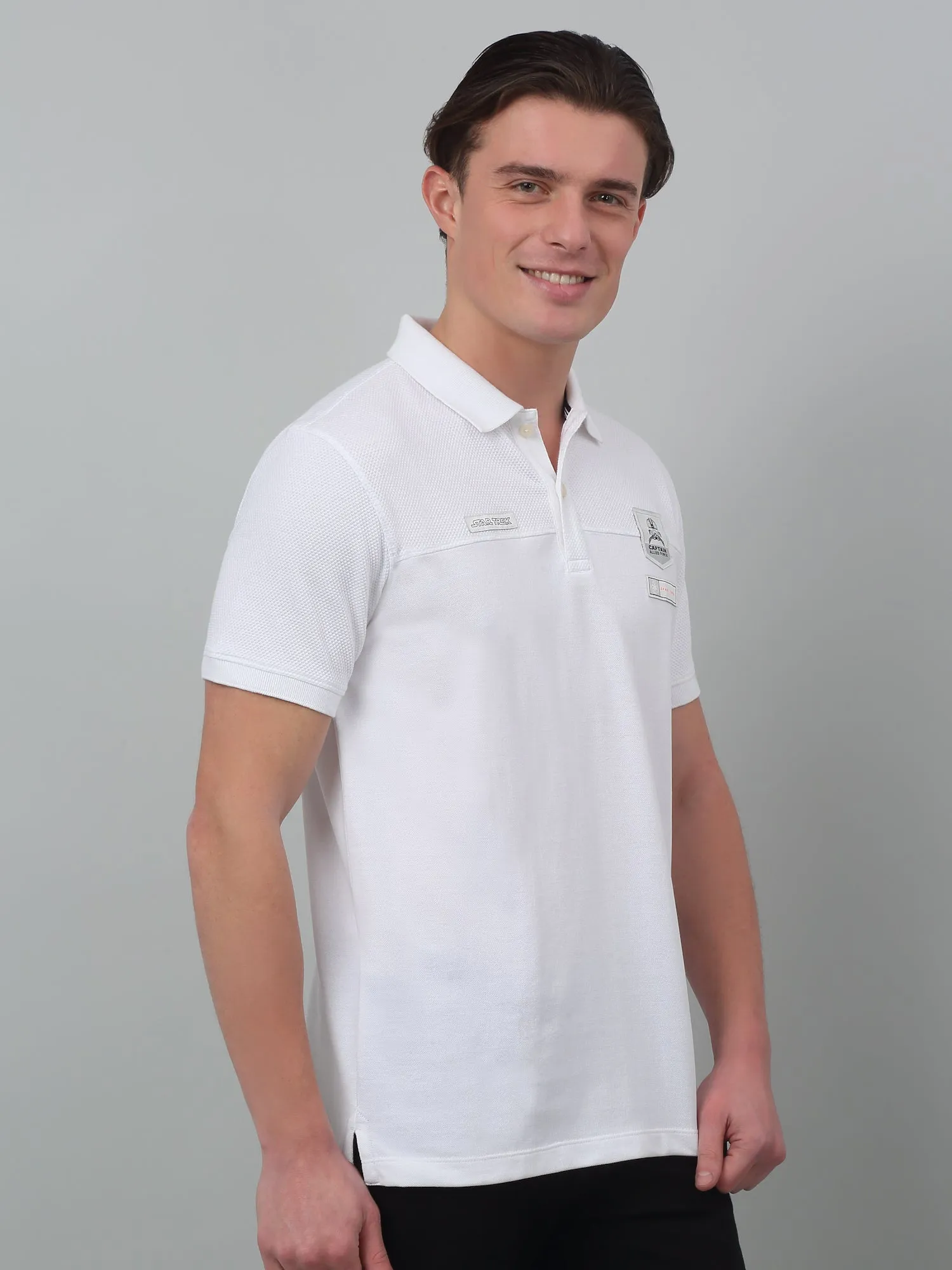 Men's White  Polo neck Half Sleeve T-Shirt with cut n sew