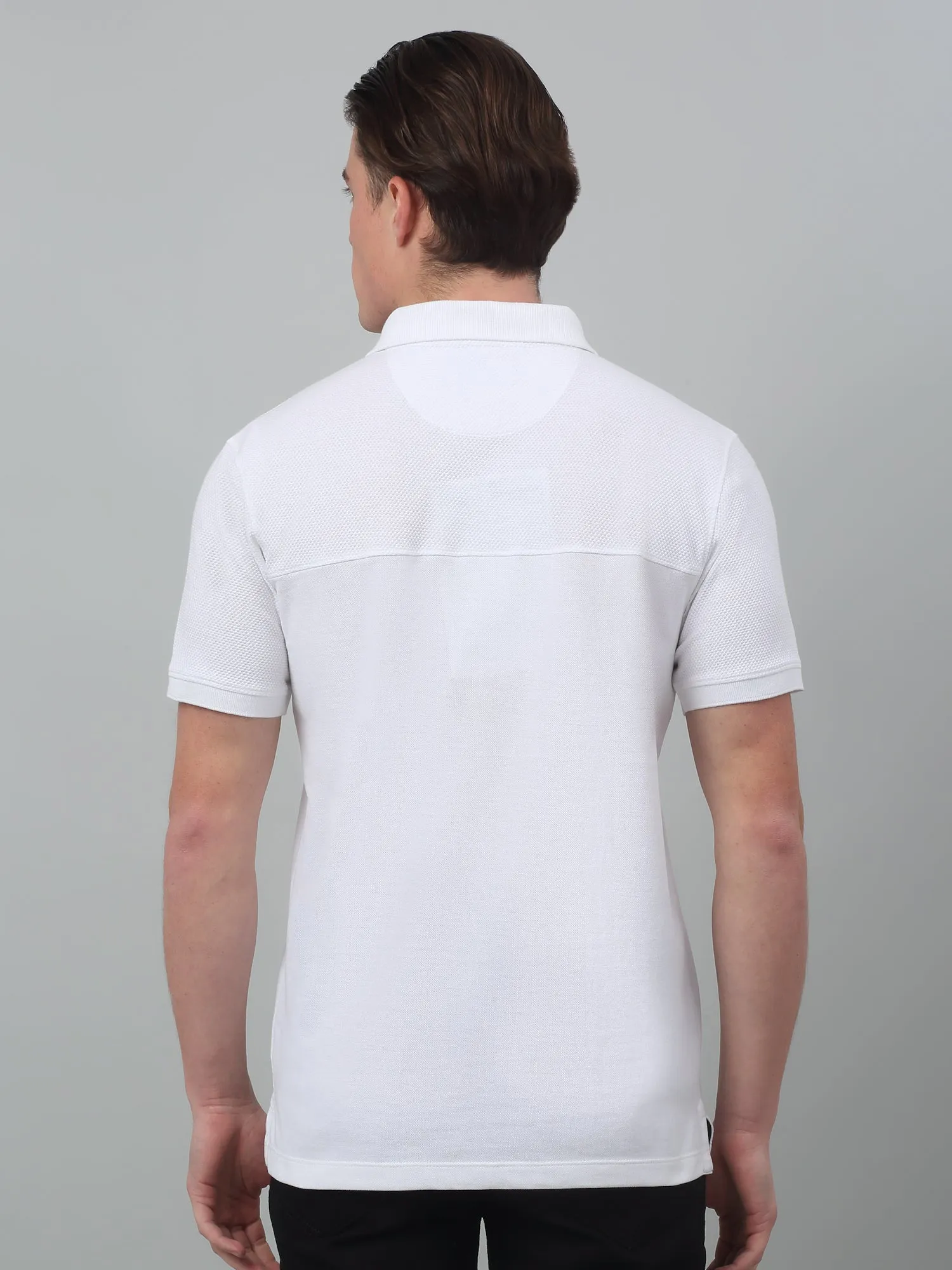 Men's White  Polo neck Half Sleeve T-Shirt with cut n sew
