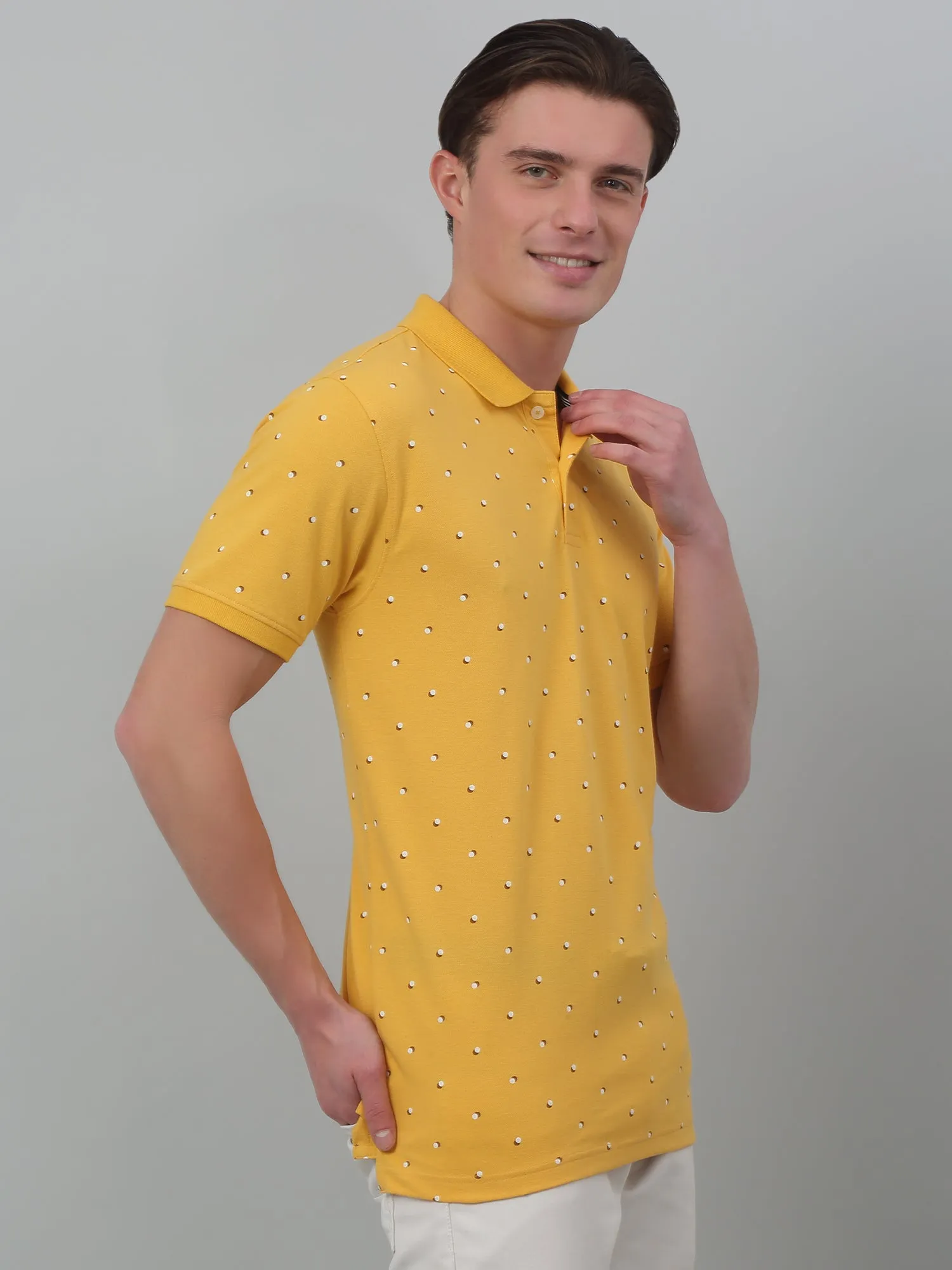 Men's Yellow All over print Polo neck Half Sleeve T-Shirt