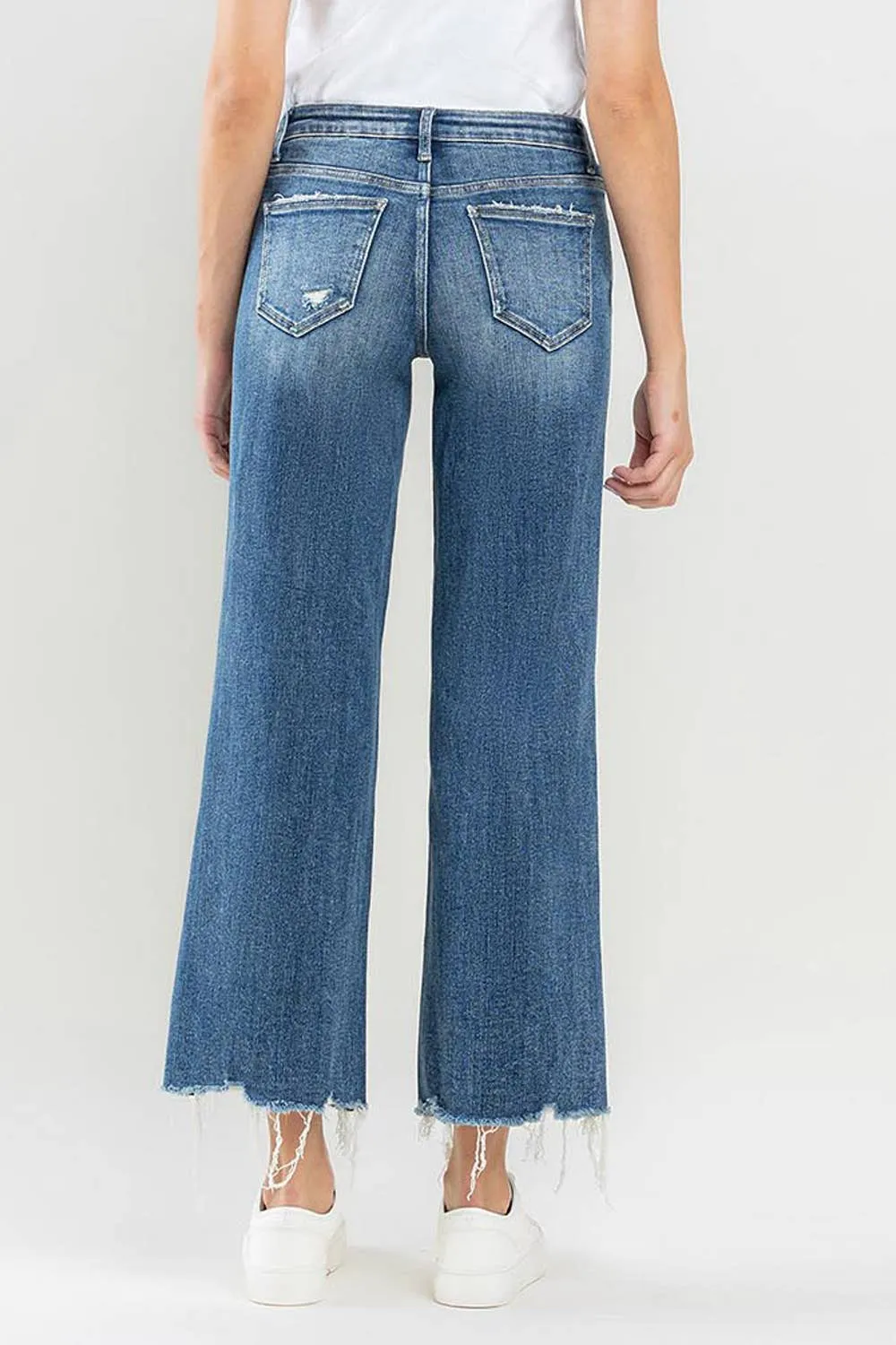 MID RISE FRAYED HEM CROP WIDE LEG JEANS