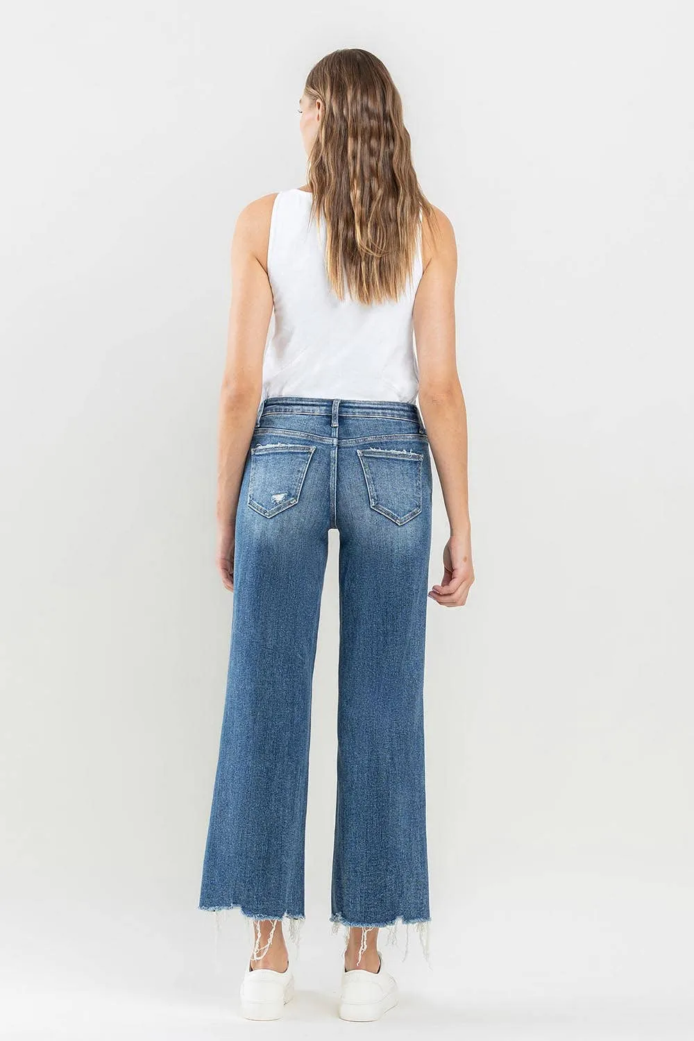 MID RISE FRAYED HEM CROP WIDE LEG JEANS