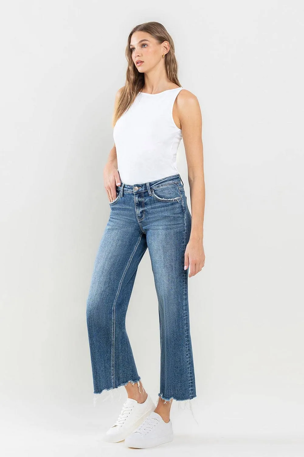 MID RISE FRAYED HEM CROP WIDE LEG JEANS