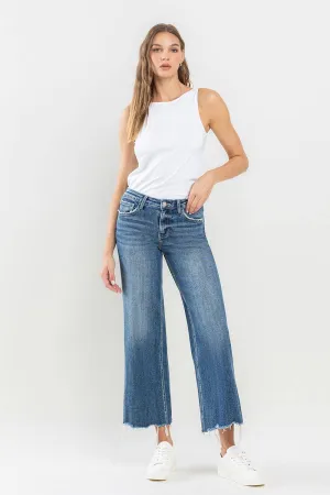 MID RISE FRAYED HEM CROP WIDE LEG JEANS
