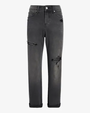 Mid Rise Ripped Roll Hem Boyfriend Jeans in Gray