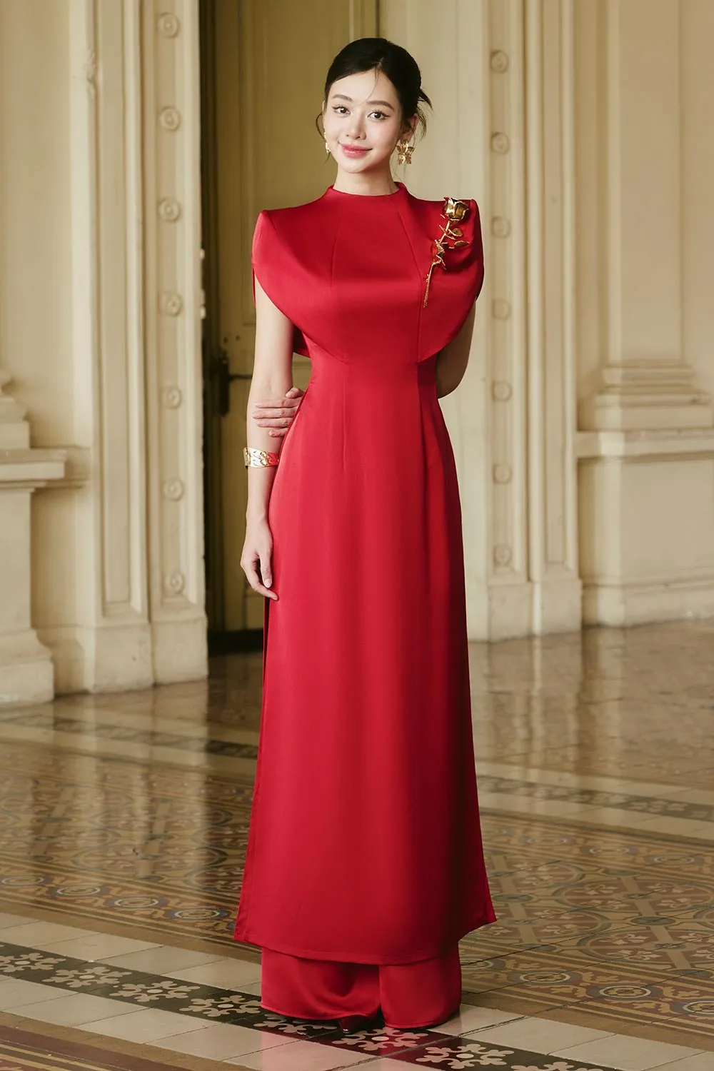 Minh Chau Straight Wide Leg Silk Satin Floor Length Pants