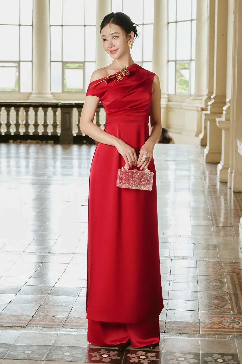 Minh Chau Straight Wide Leg Silk Satin Floor Length Pants