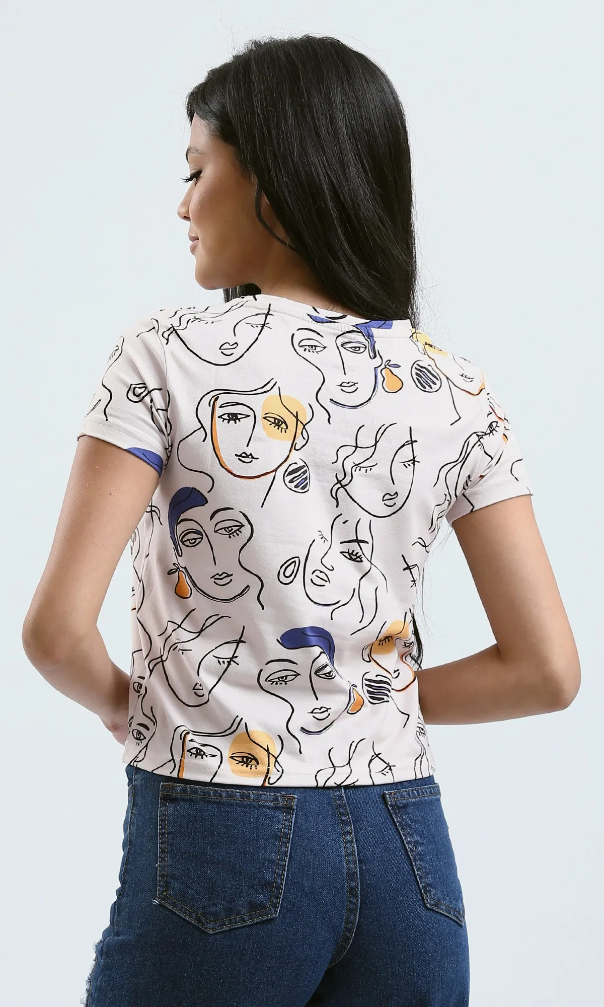 O182833 Faces Pattern Slip On Tee With Crew Neck