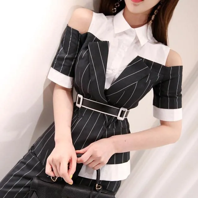 Pinstriped Black-White Women's Suit