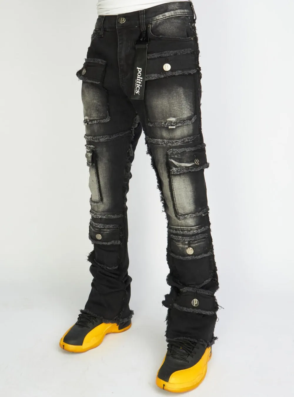 Politics-Stacked Frayed Cargos Black shadow