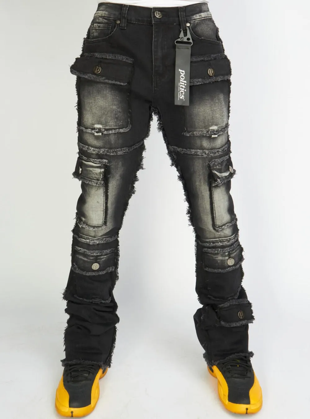 Politics-Stacked Frayed Cargos Black shadow