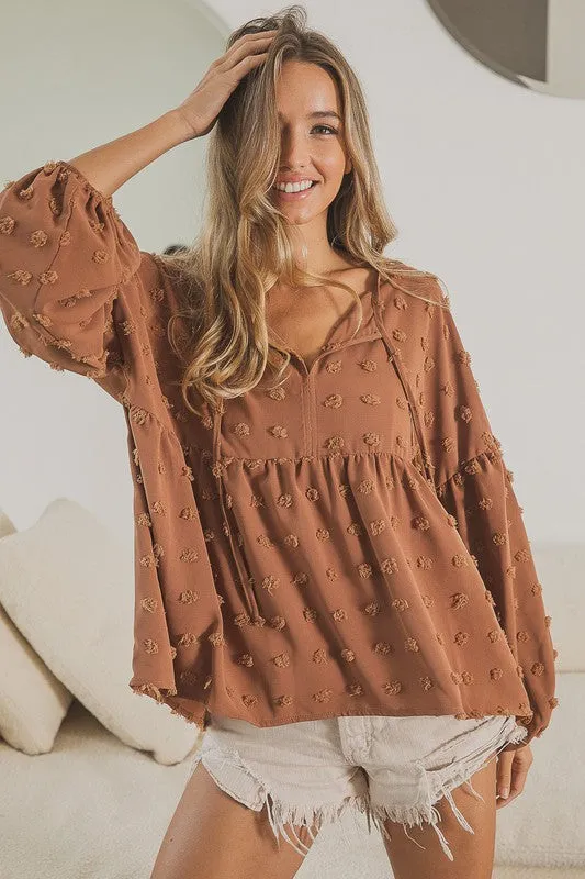 Pom Pom Woven V Neck Tied Top - Camel