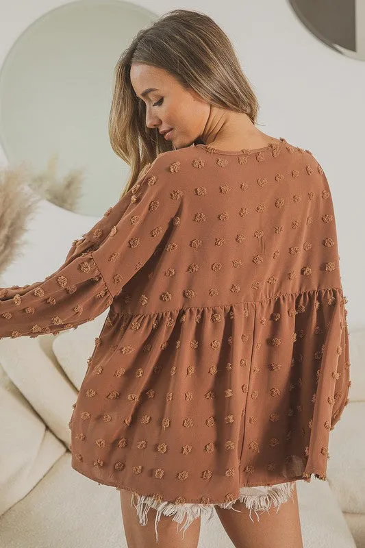 Pom Pom Woven V Neck Tied Top - Camel