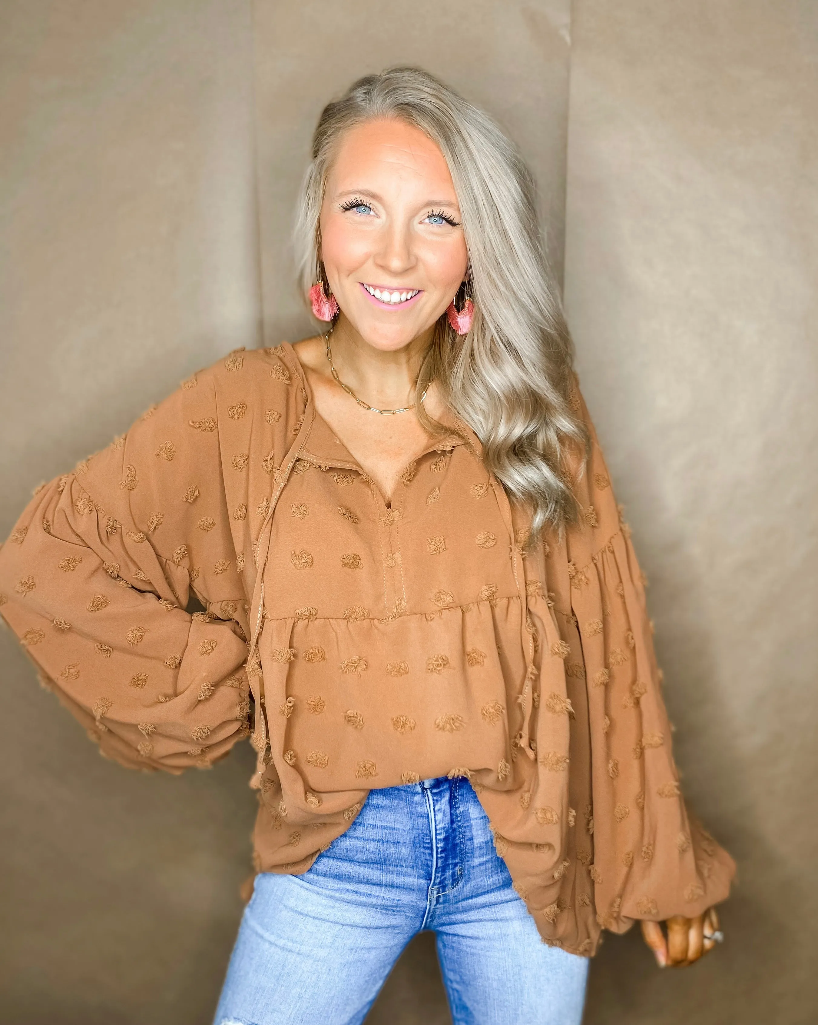 Pom Pom Woven V Neck Tied Top - Camel