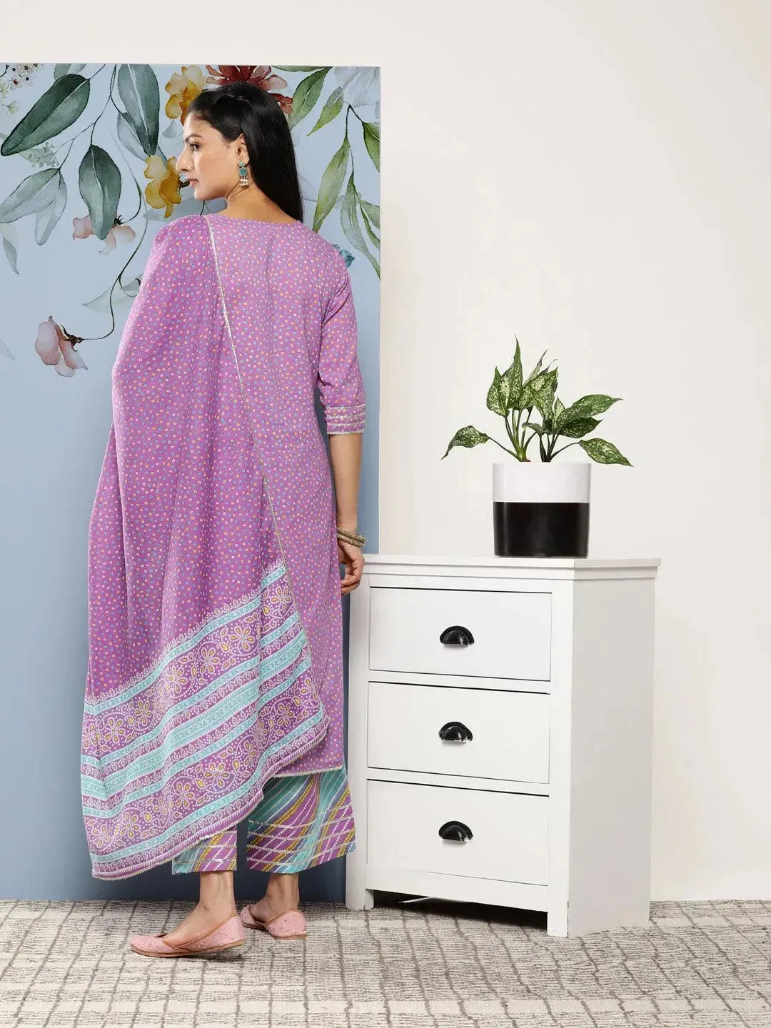 Purple Printed Cotton Straight Kurta With Palazzos & Dupatta