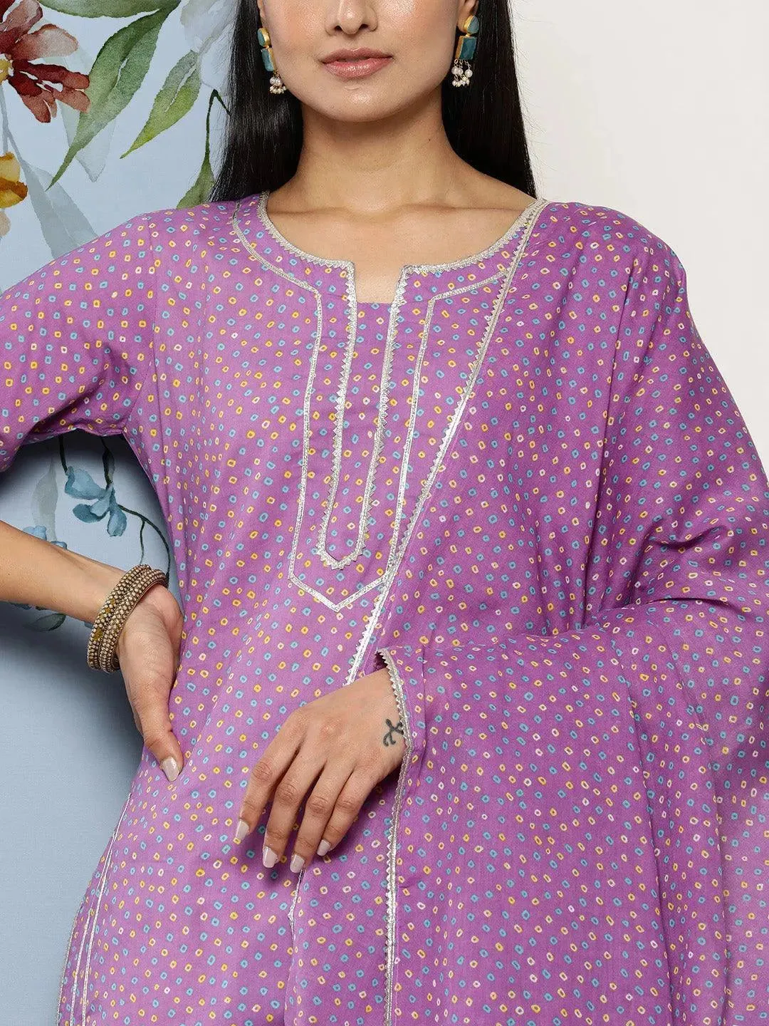 Purple Printed Cotton Straight Kurta With Palazzos & Dupatta