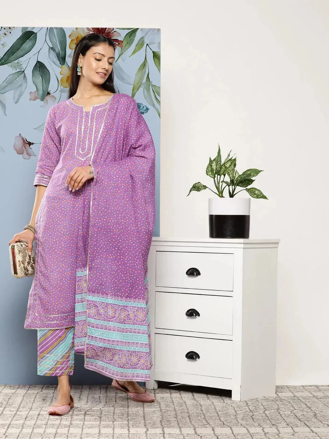 Purple Printed Cotton Straight Kurta With Palazzos & Dupatta