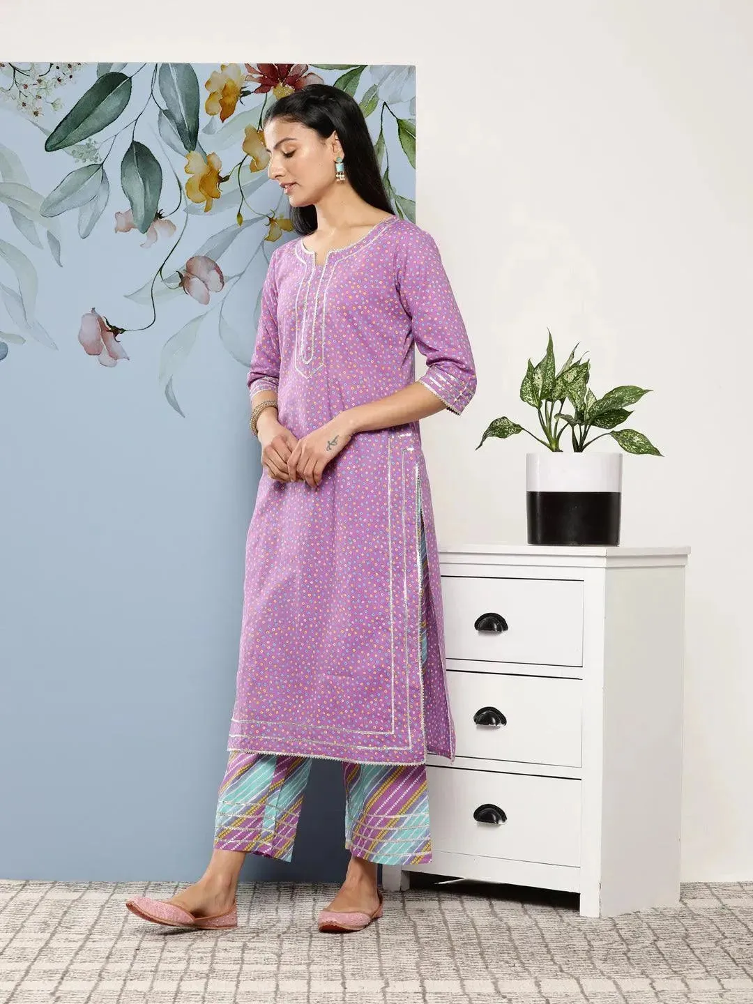 Purple Printed Cotton Straight Kurta With Palazzos & Dupatta