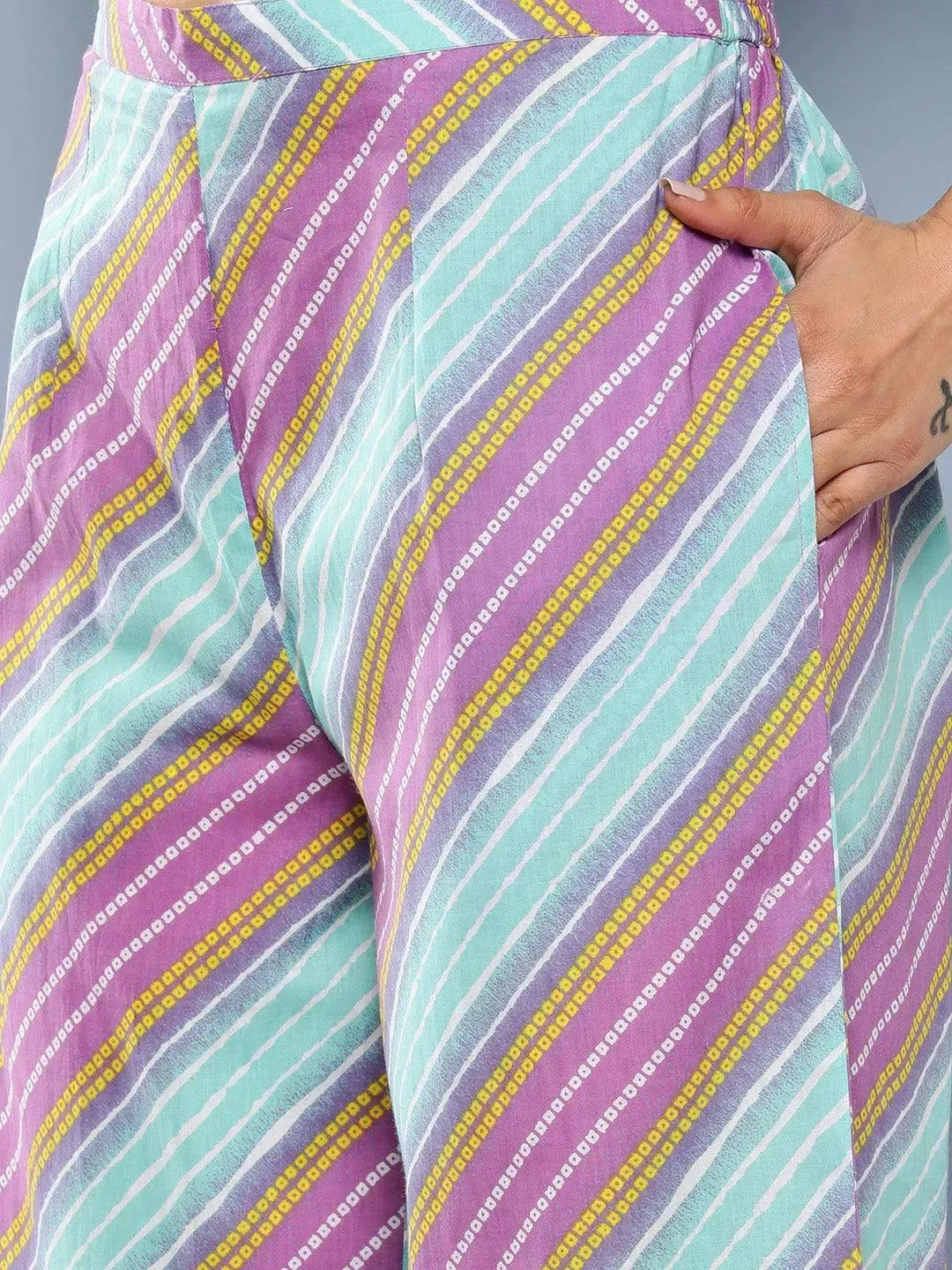 Purple Printed Cotton Straight Kurta With Palazzos & Dupatta