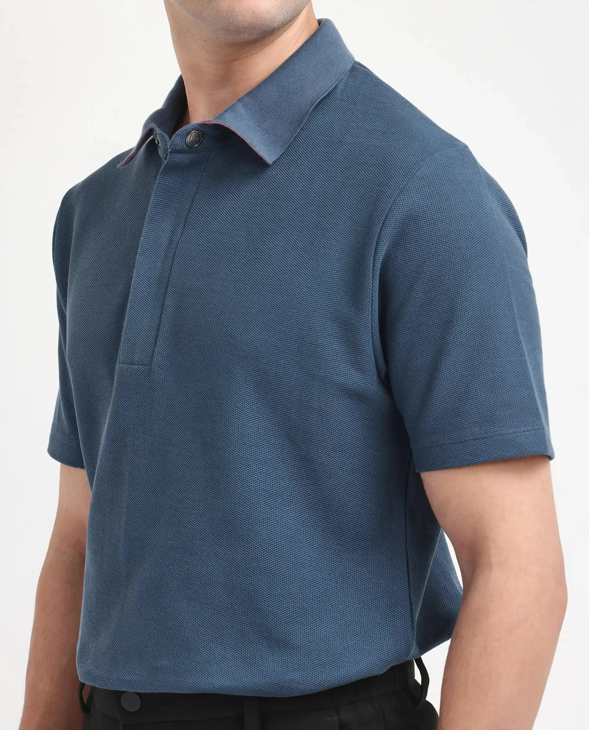 Rare Rabbit Men Crin Blue Cotton Fabric Short Sleeve Collared Neck Zipper Closure Plain Polo