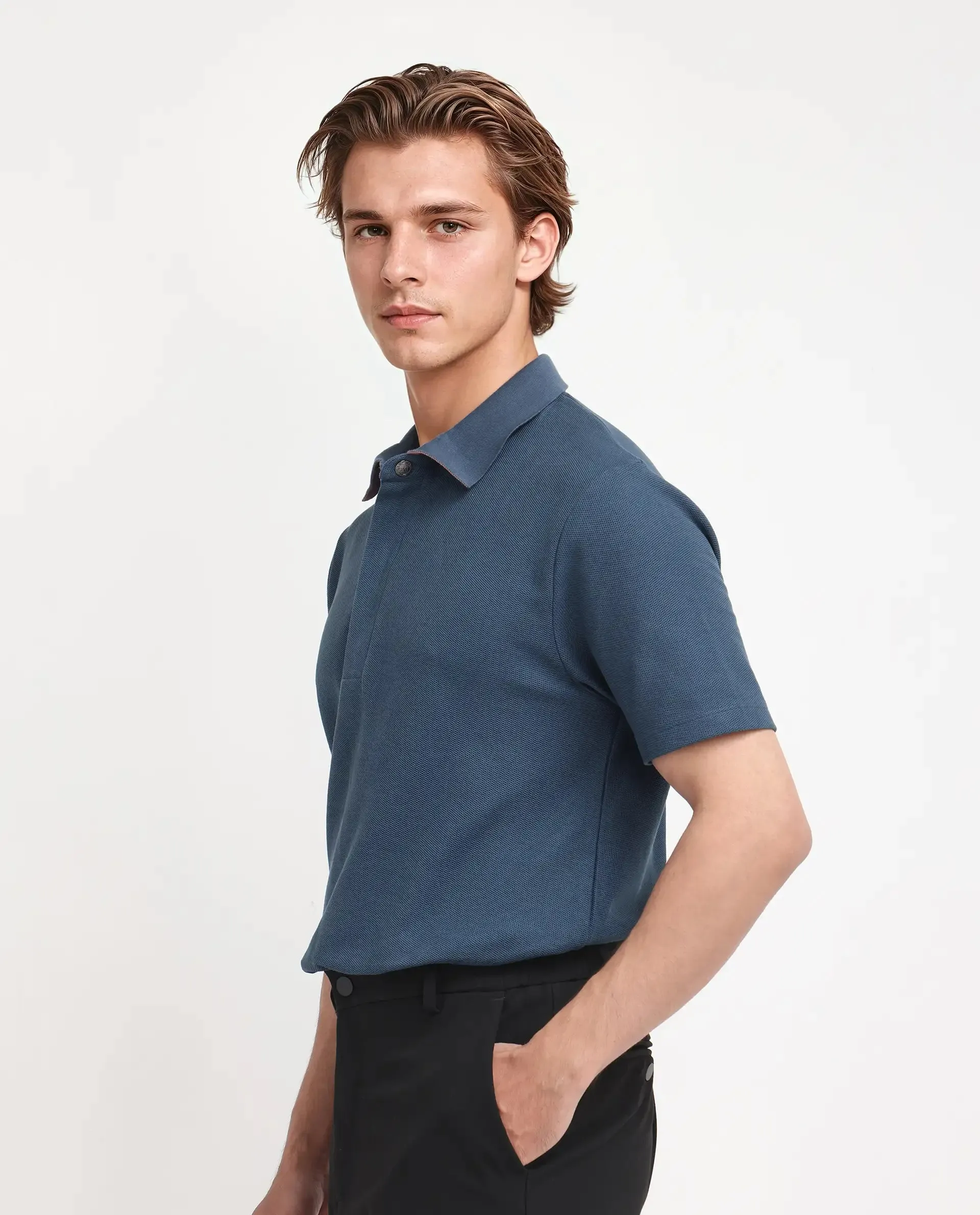 Rare Rabbit Men Crin Blue Cotton Fabric Short Sleeve Collared Neck Zipper Closure Plain Polo
