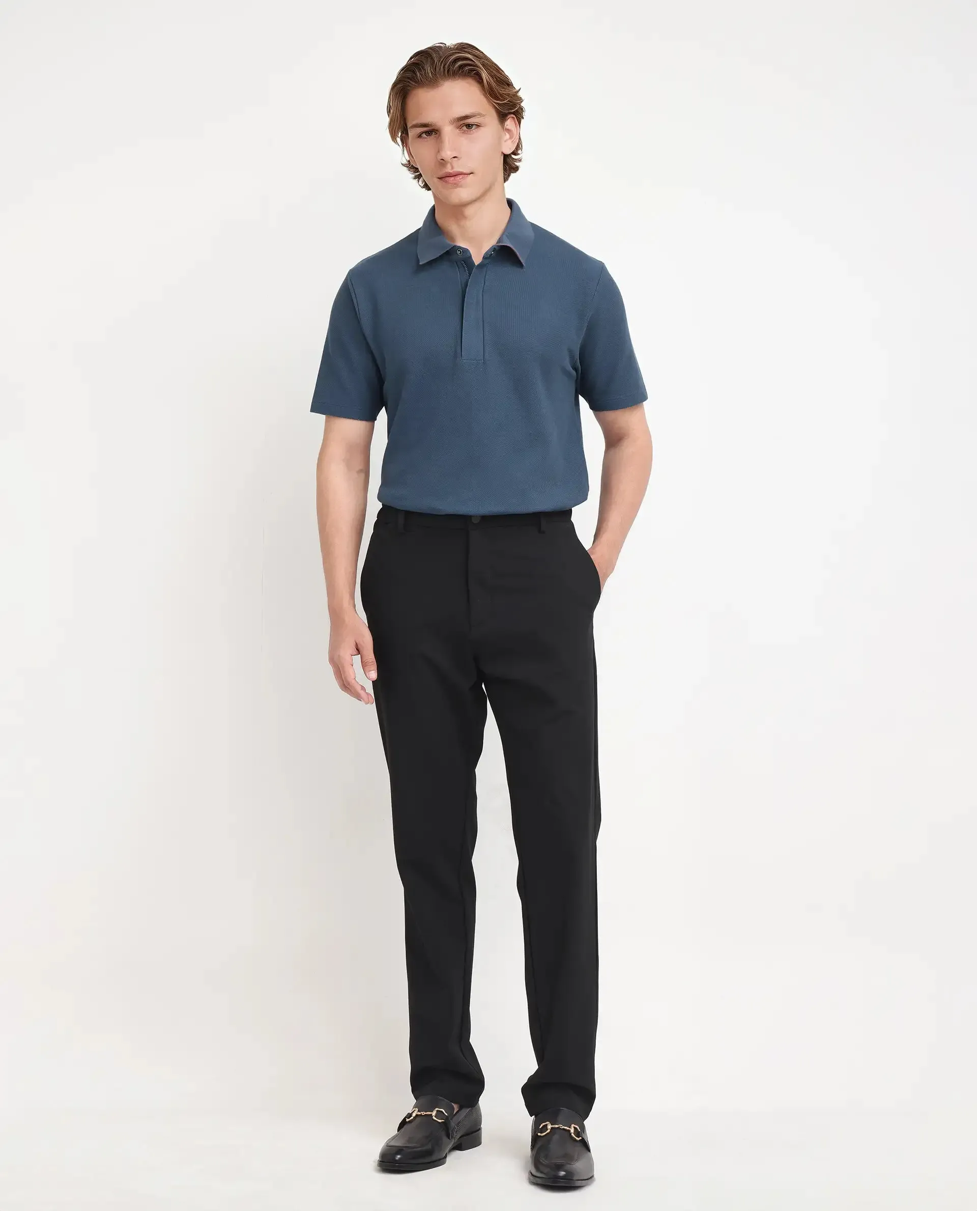 Rare Rabbit Men Crin Blue Cotton Fabric Short Sleeve Collared Neck Zipper Closure Plain Polo