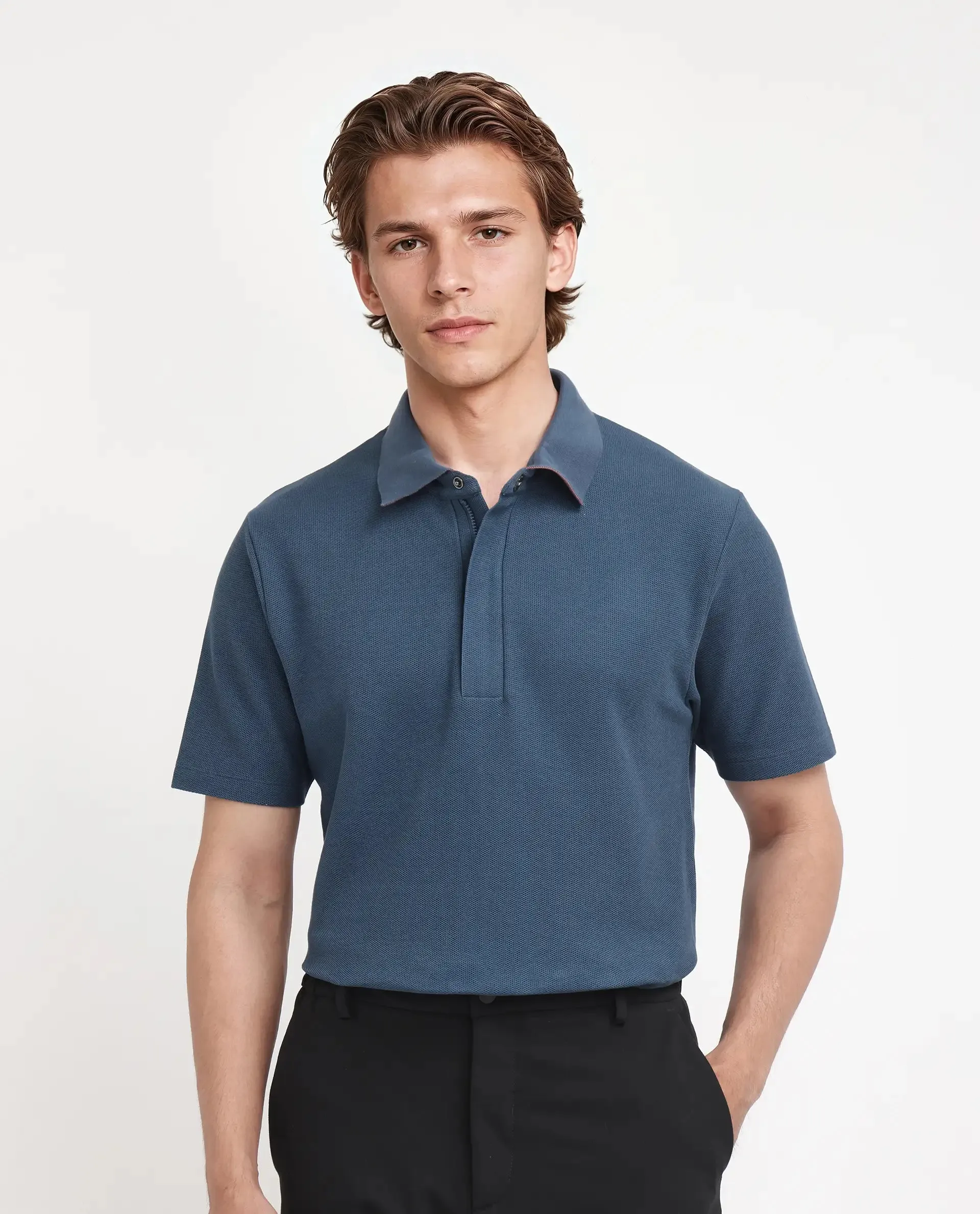 Rare Rabbit Men Crin Blue Cotton Fabric Short Sleeve Collared Neck Zipper Closure Plain Polo