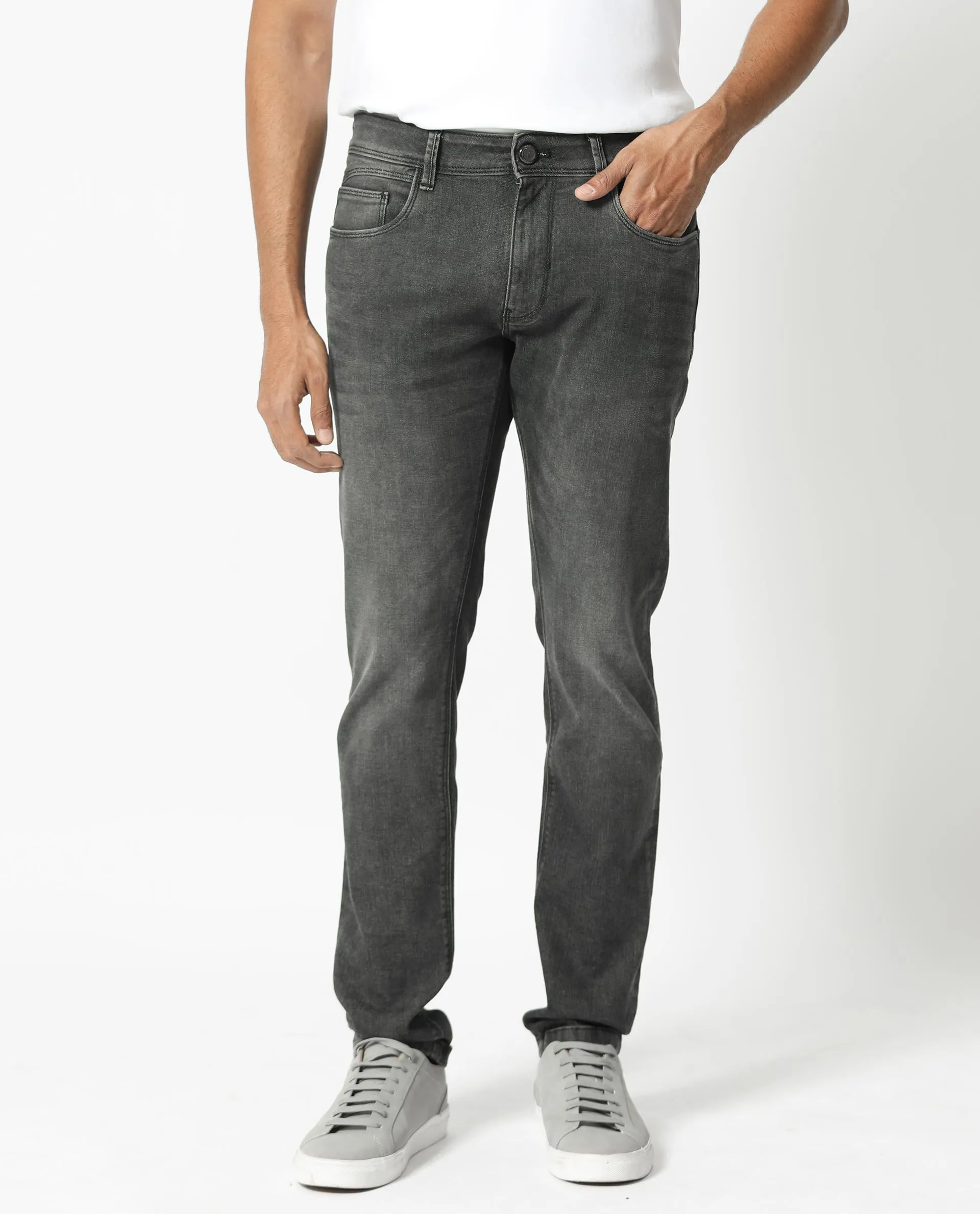Rare Rabbit Men's Cosmog Black Mid Wash Mid-Rise Slim Fit Jeans