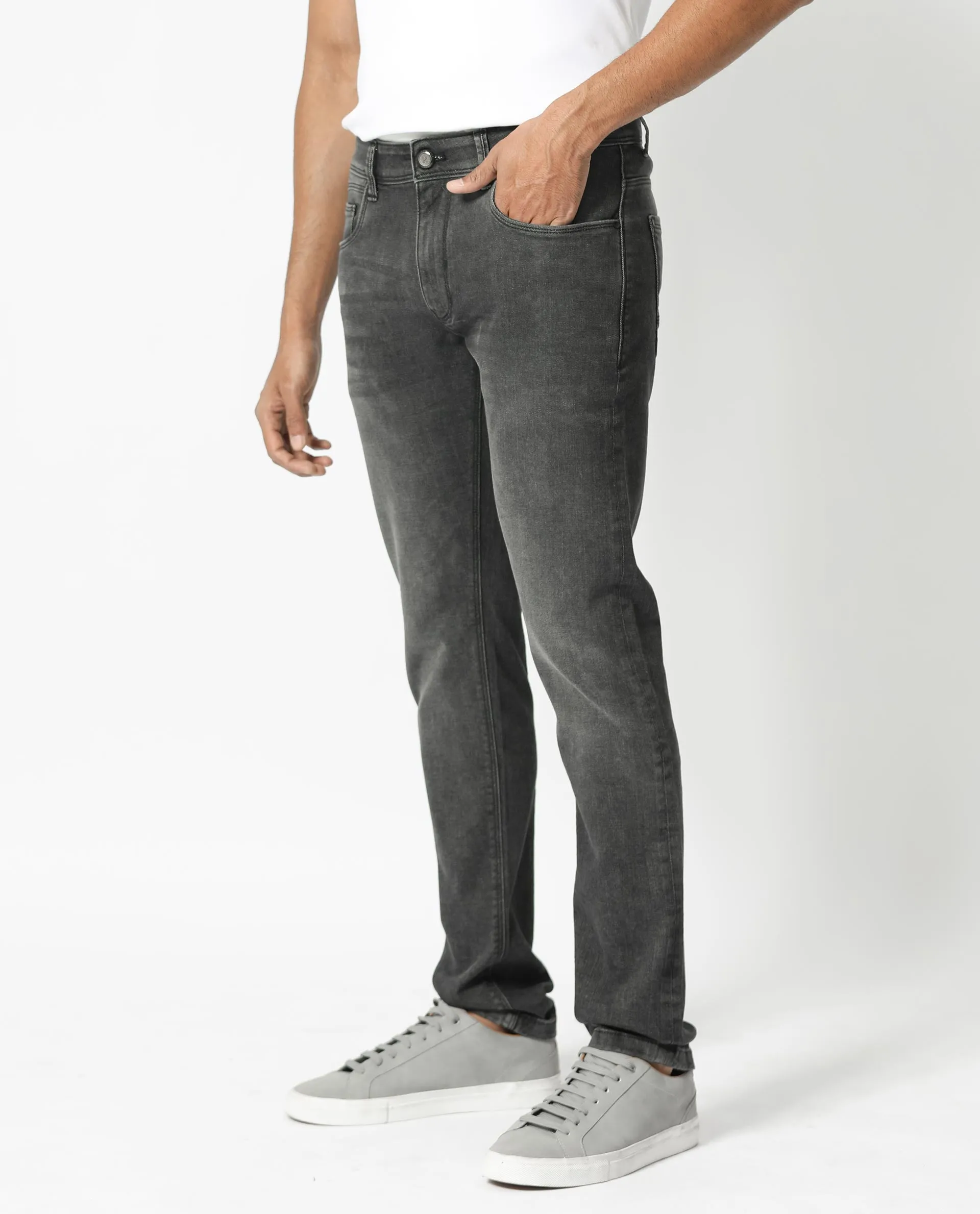 Rare Rabbit Men's Cosmog Black Mid Wash Mid-Rise Slim Fit Jeans