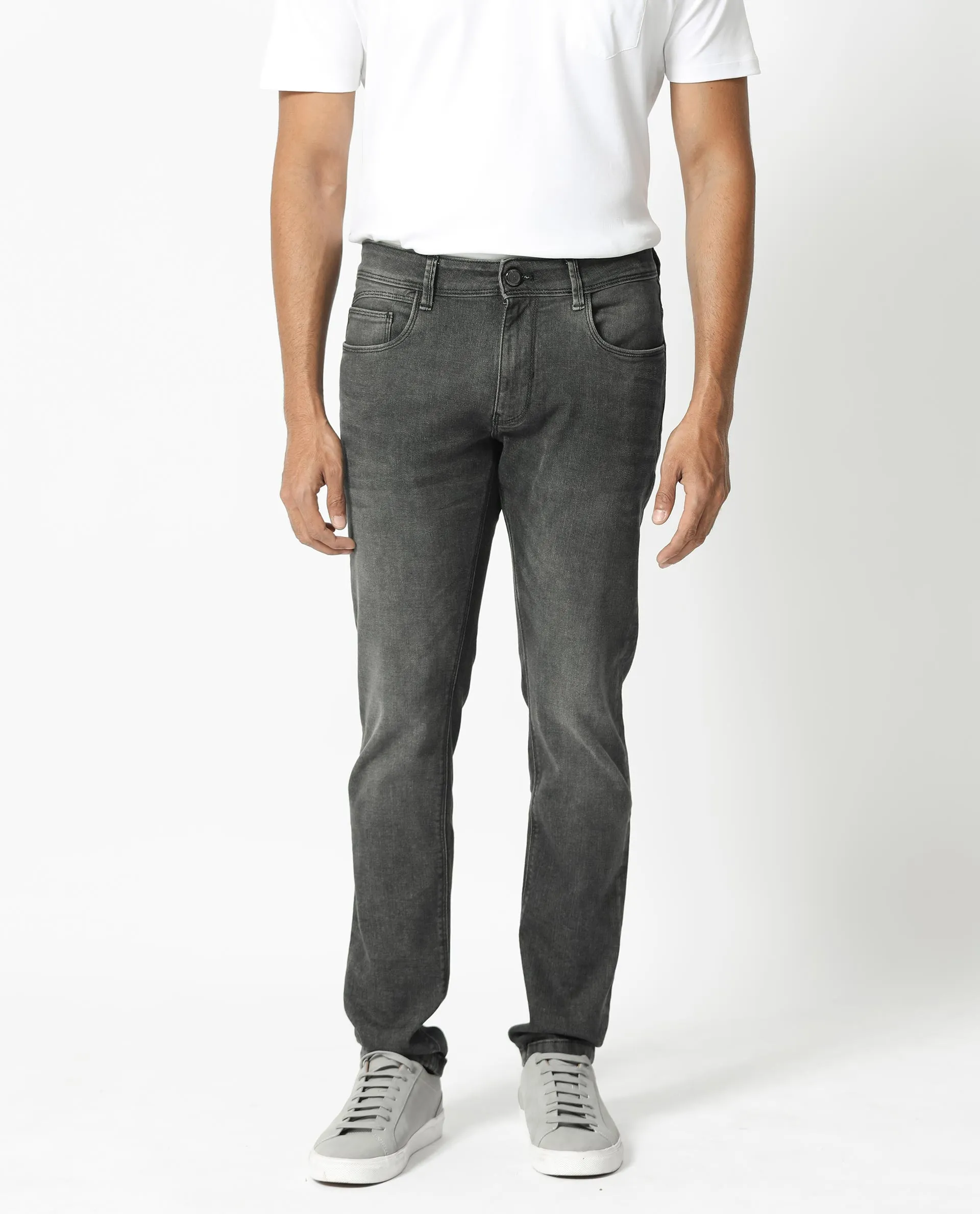Rare Rabbit Men's Cosmog Black Mid Wash Mid-Rise Slim Fit Jeans