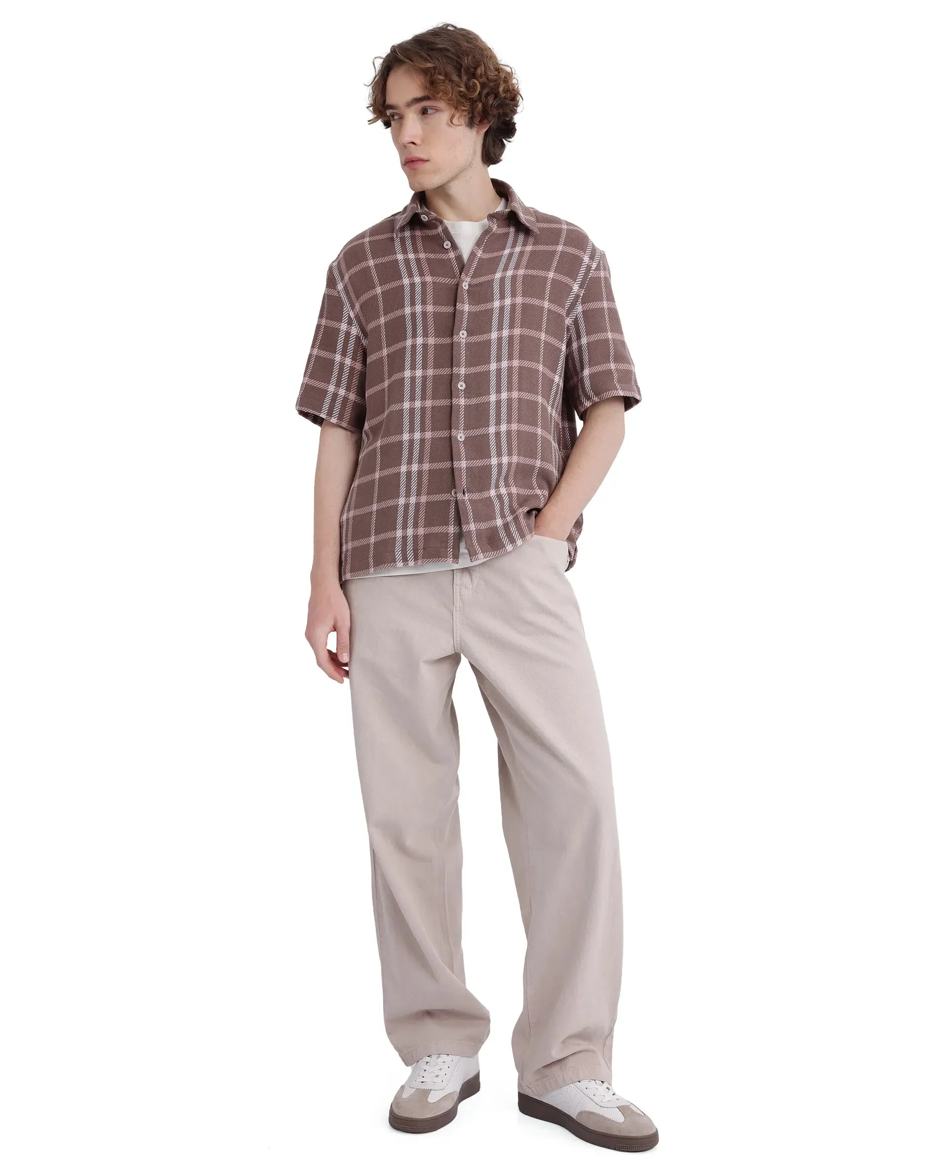 Rare Rabbit Men's Vexlum Light Brown Cotton Fabric Short Sleeve Collared Neck Button Closure Printed Shirt