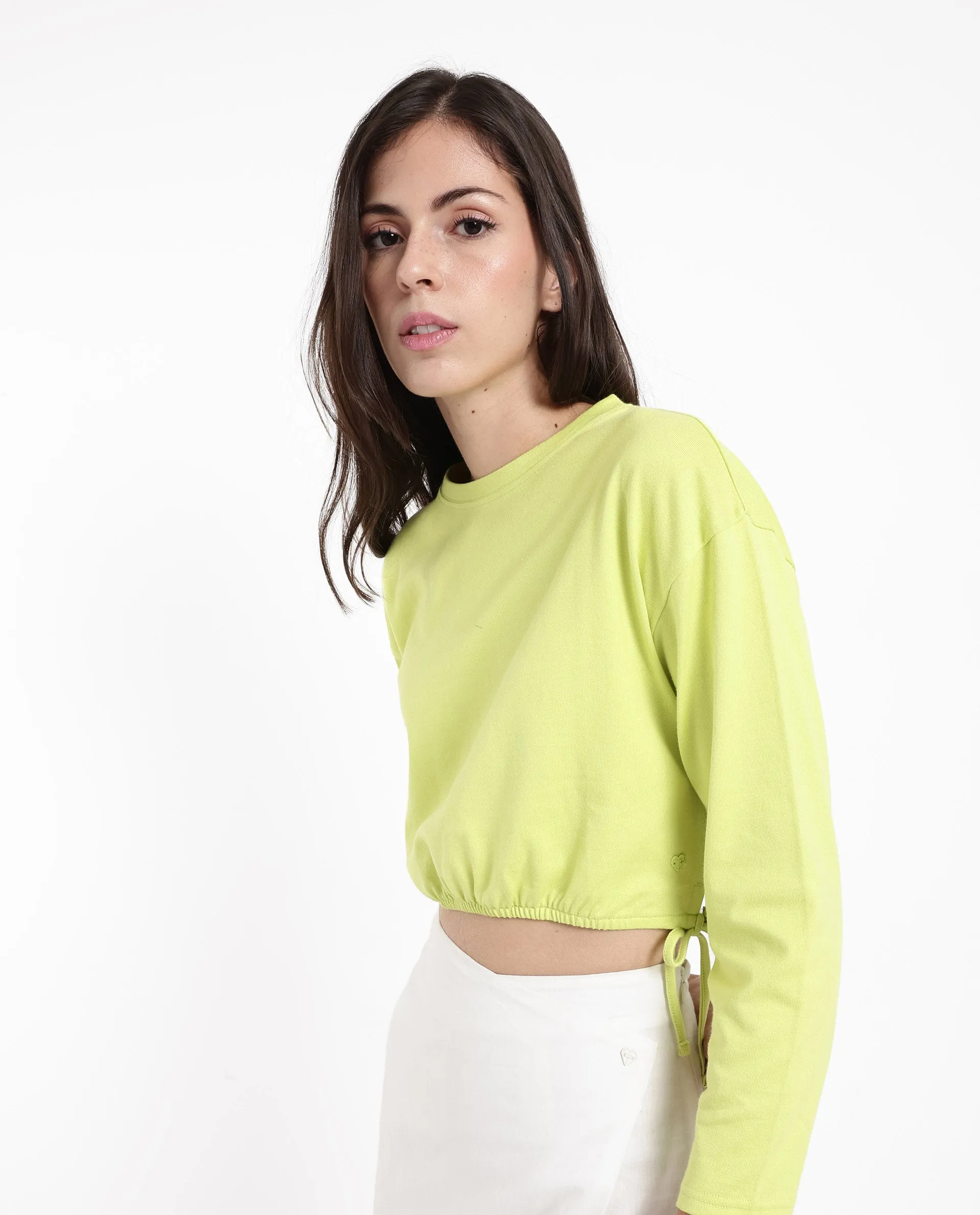Rareism Women Thistle Flouroscent Green Cotton Fabric Full Sleeve Crew Neck Solid Regular Fit Top