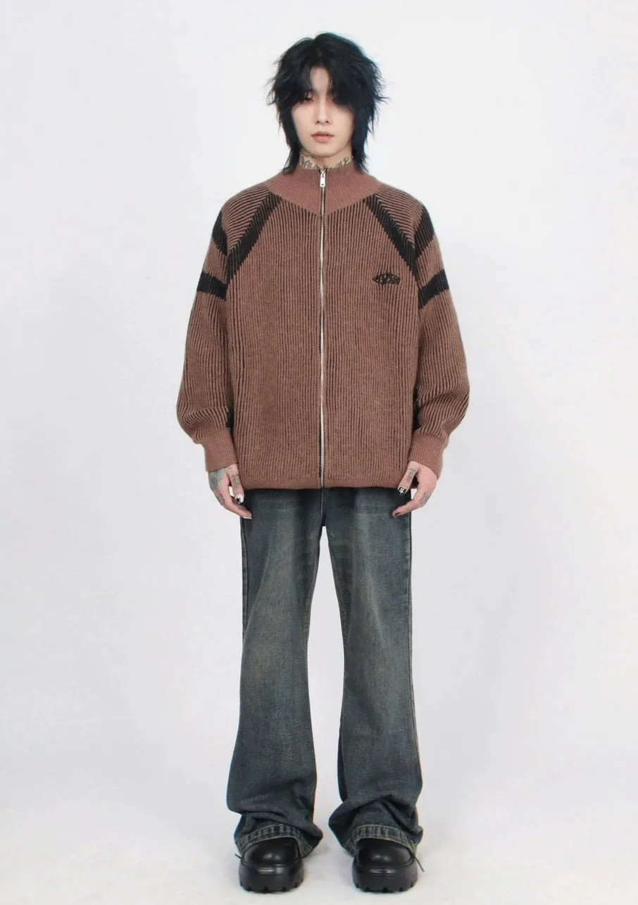 Ribbed High Collar Chevron-Pattern Zip-Up Jacket