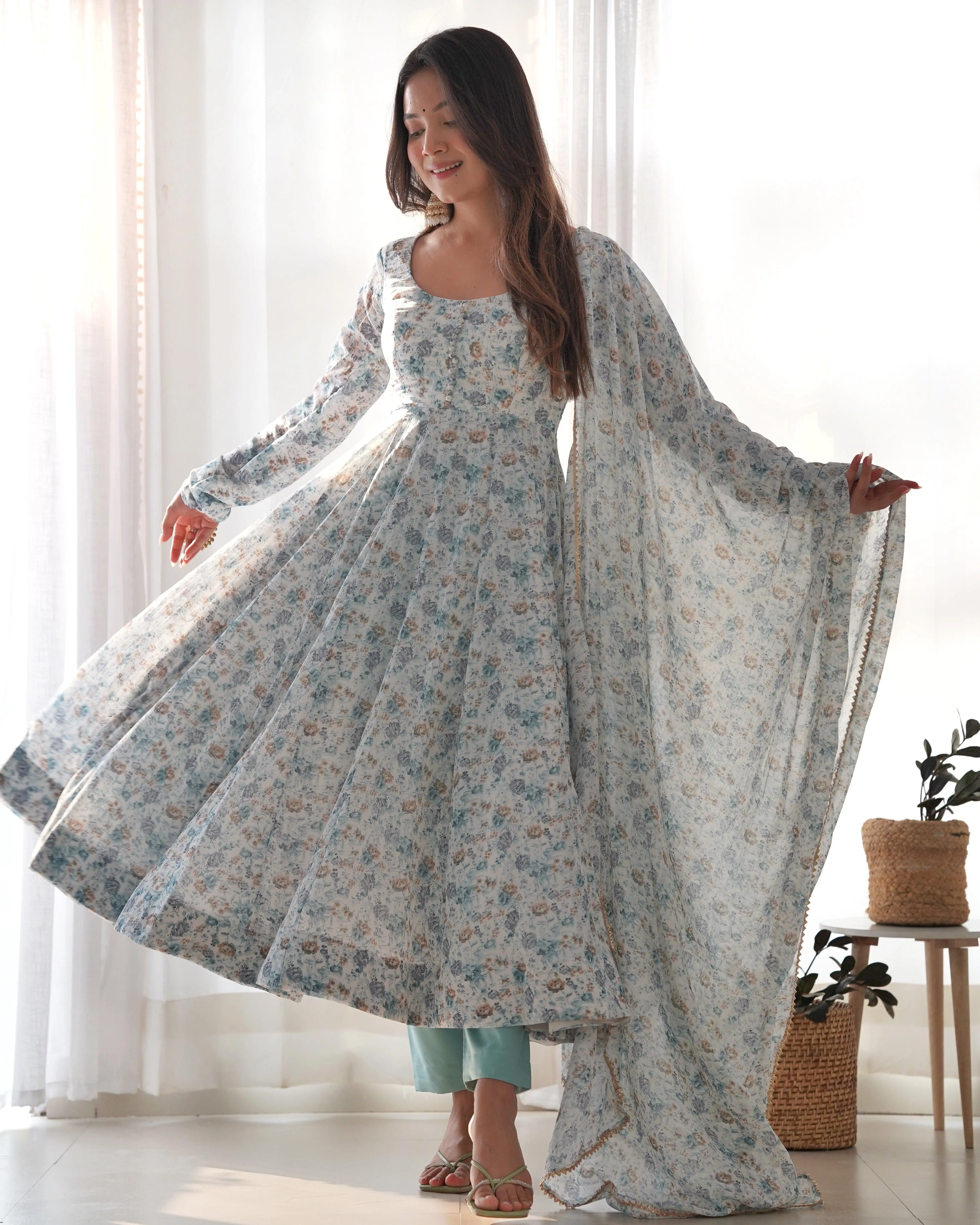 Sky Color Chiffon Floral Anarkali Pant Suit With Dupatta