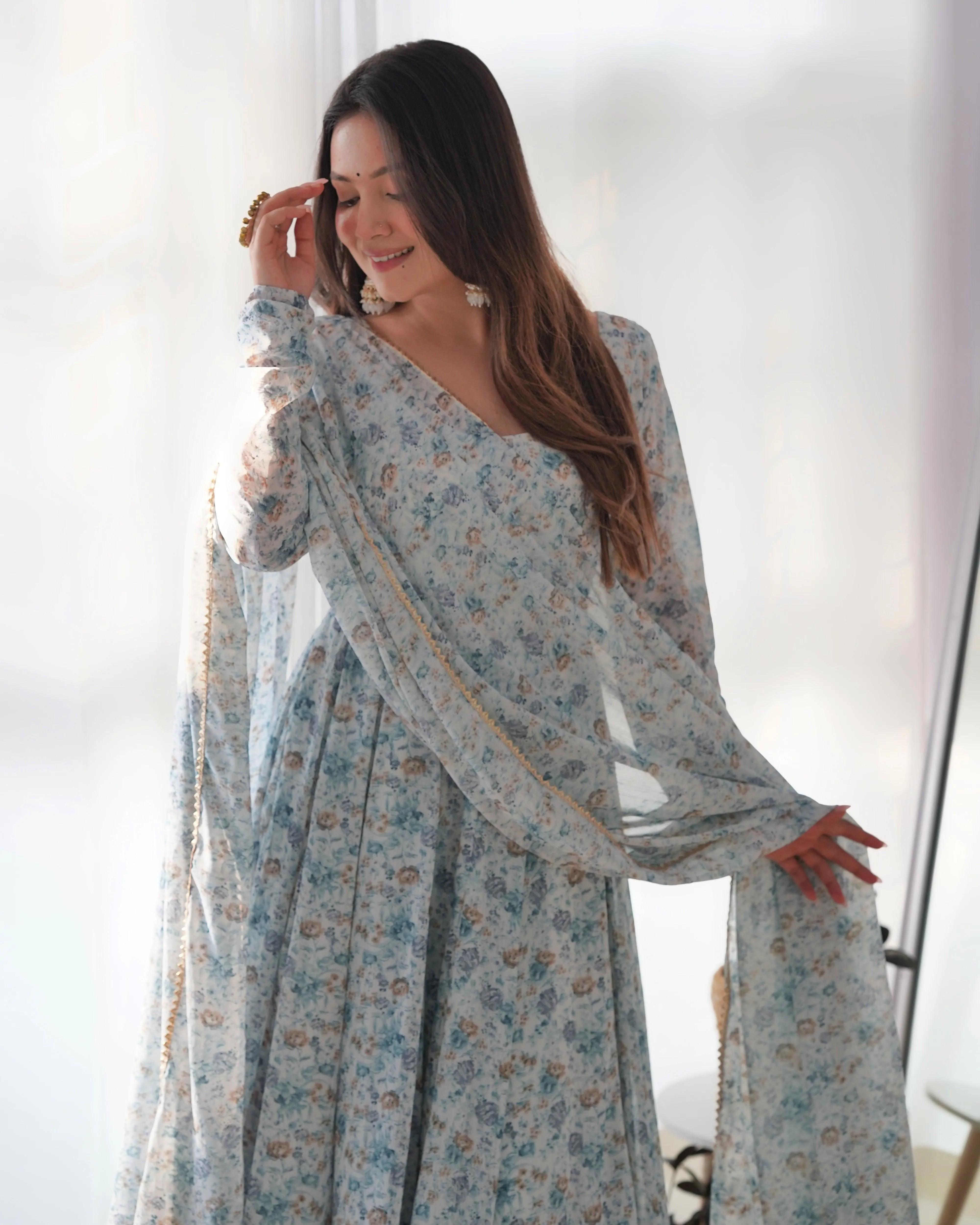 Sky Color Chiffon Floral Anarkali Pant Suit With Dupatta
